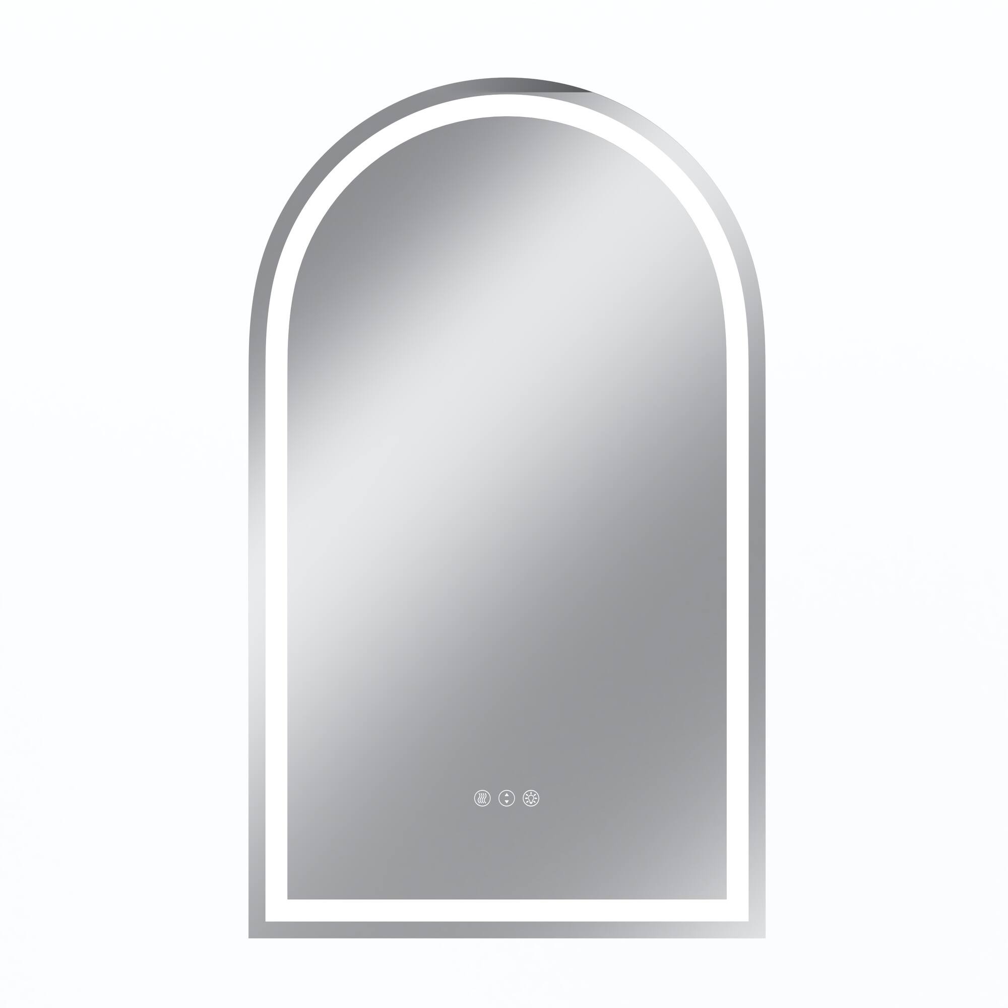 Front. Boyel Living - 24 x 40 in Rectangle Aluminum Frame Arched Mirror with Front Light and Anti-Distortion Glass.