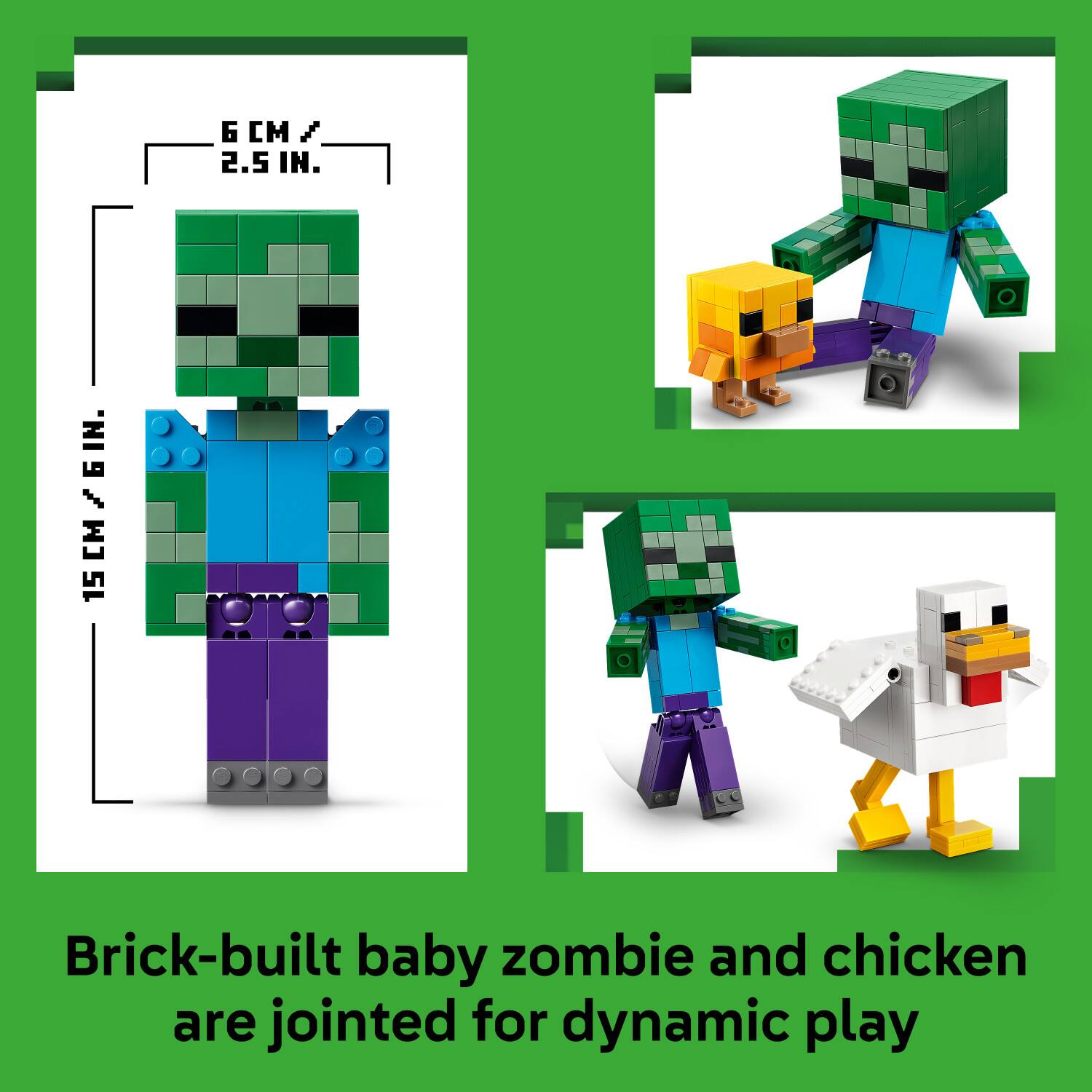 Brick-built baby zombie and chicken are jointed for dynamic play