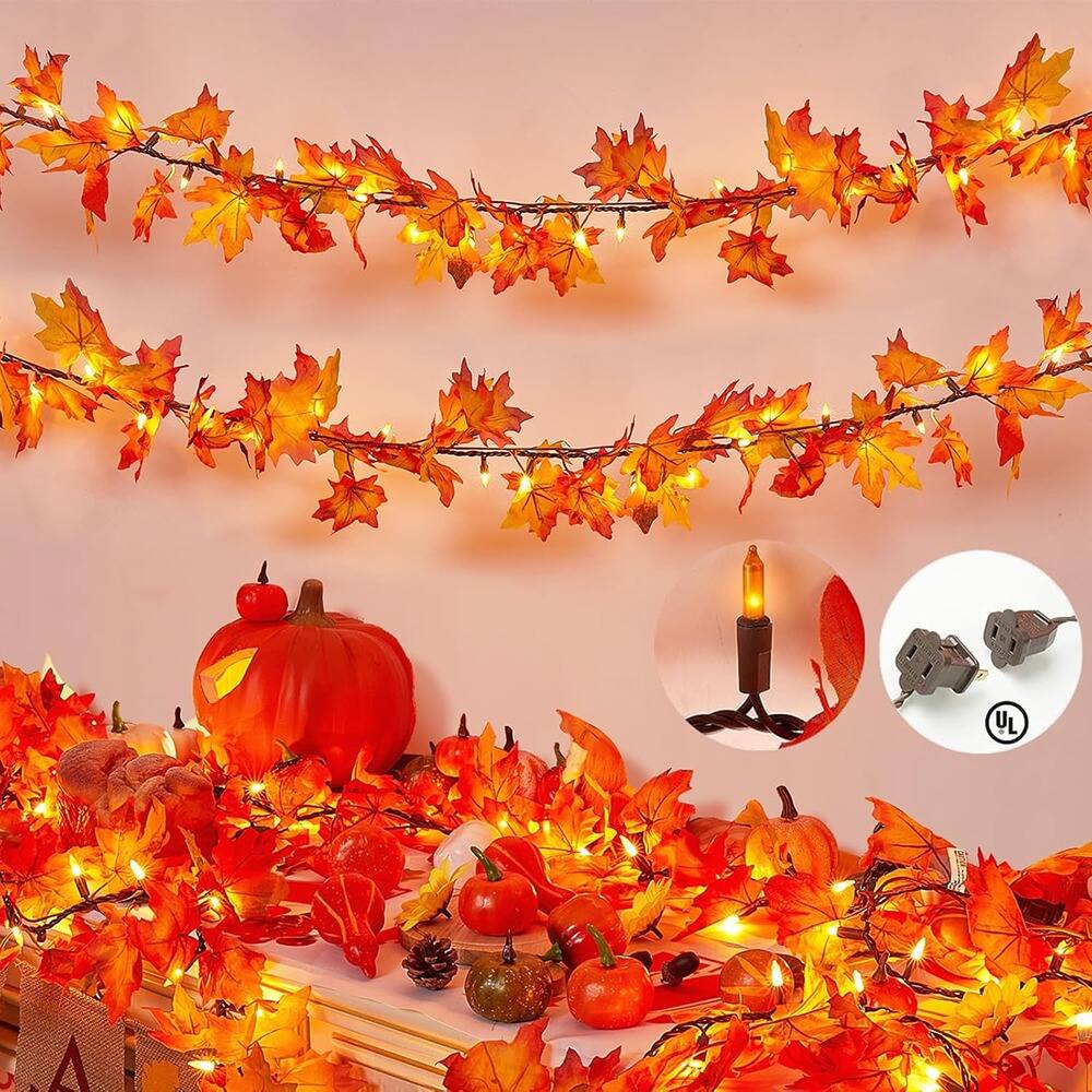 Angle. PARKER SLATER - 9FT Plug-in Lighted Fall Garland, 50 Bulb Maple Leaf Thanksgiving Decoration - Orange.