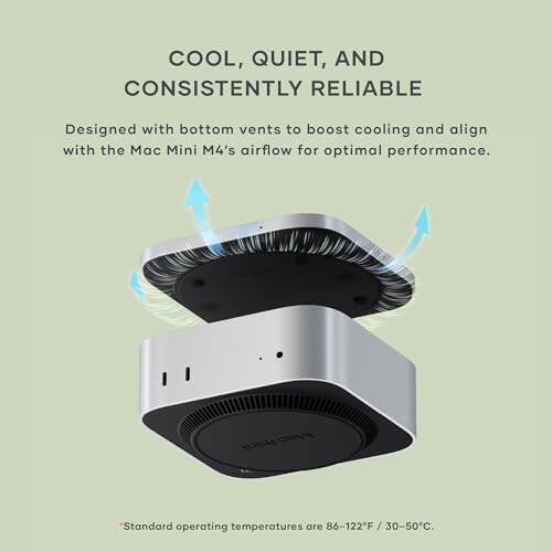 COOL, QUIET, AND CONSISTENTLY RELIABLE

Designed with bottom vents to boost cooling and align with the Mac Mini M4's airflow for optimal performance.

Standard operating temperatures are 86-122°F / 30-50°C.