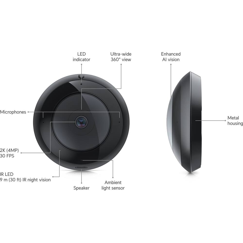 - LED indicator
- Ultra-wide 360° view
- Enhanced AI vision
- Microphones
- 2K (4MP) 30 FPS
- IR LED 9 m (30 ft) IR night vision
- Speaker
- Ambient light sensor
- Metal housing