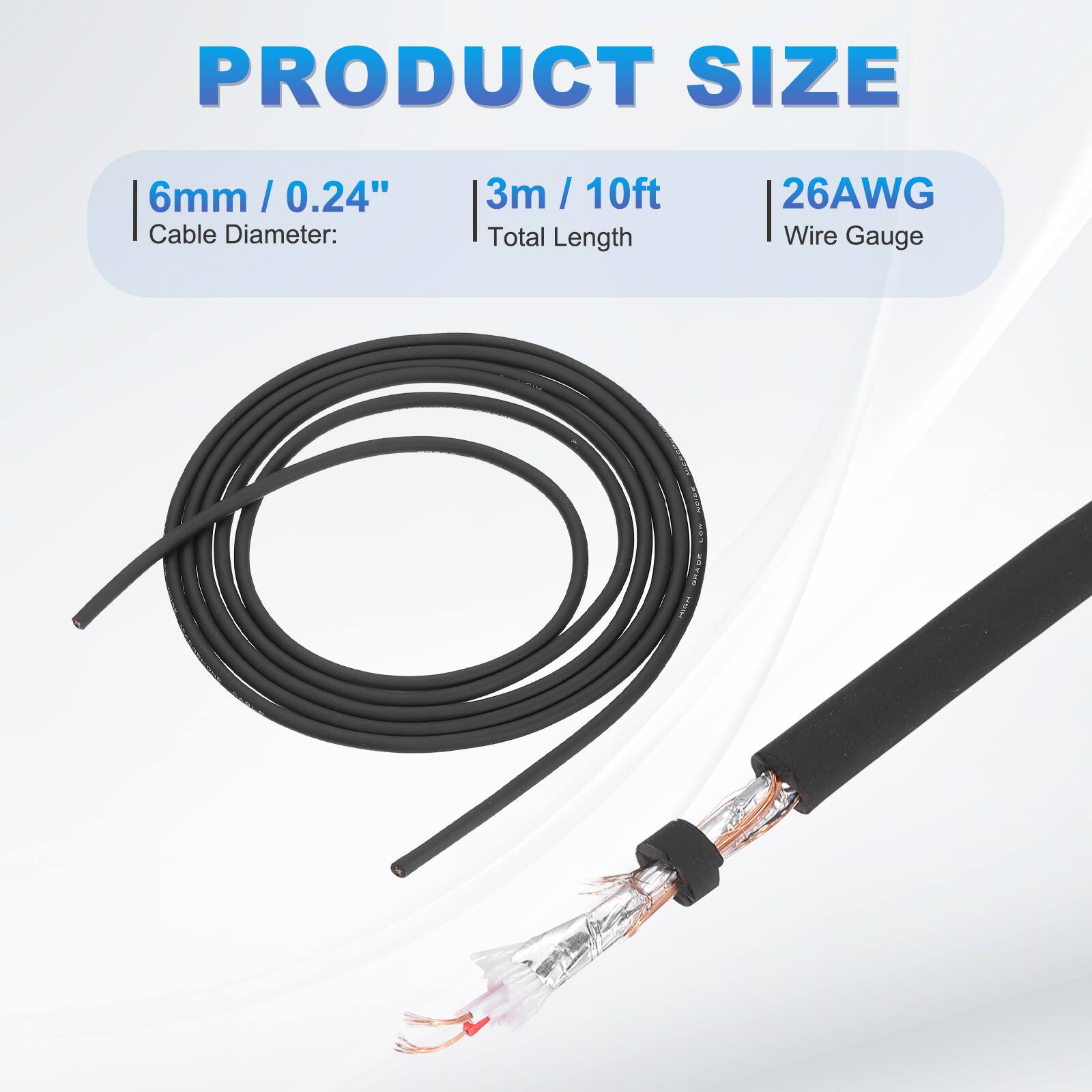 PRODUCT SIZE

- Cable Diameter: 6mm / 0.24"
- Total Length: 3m / 10ft
- Wire Gauge: 26AWG