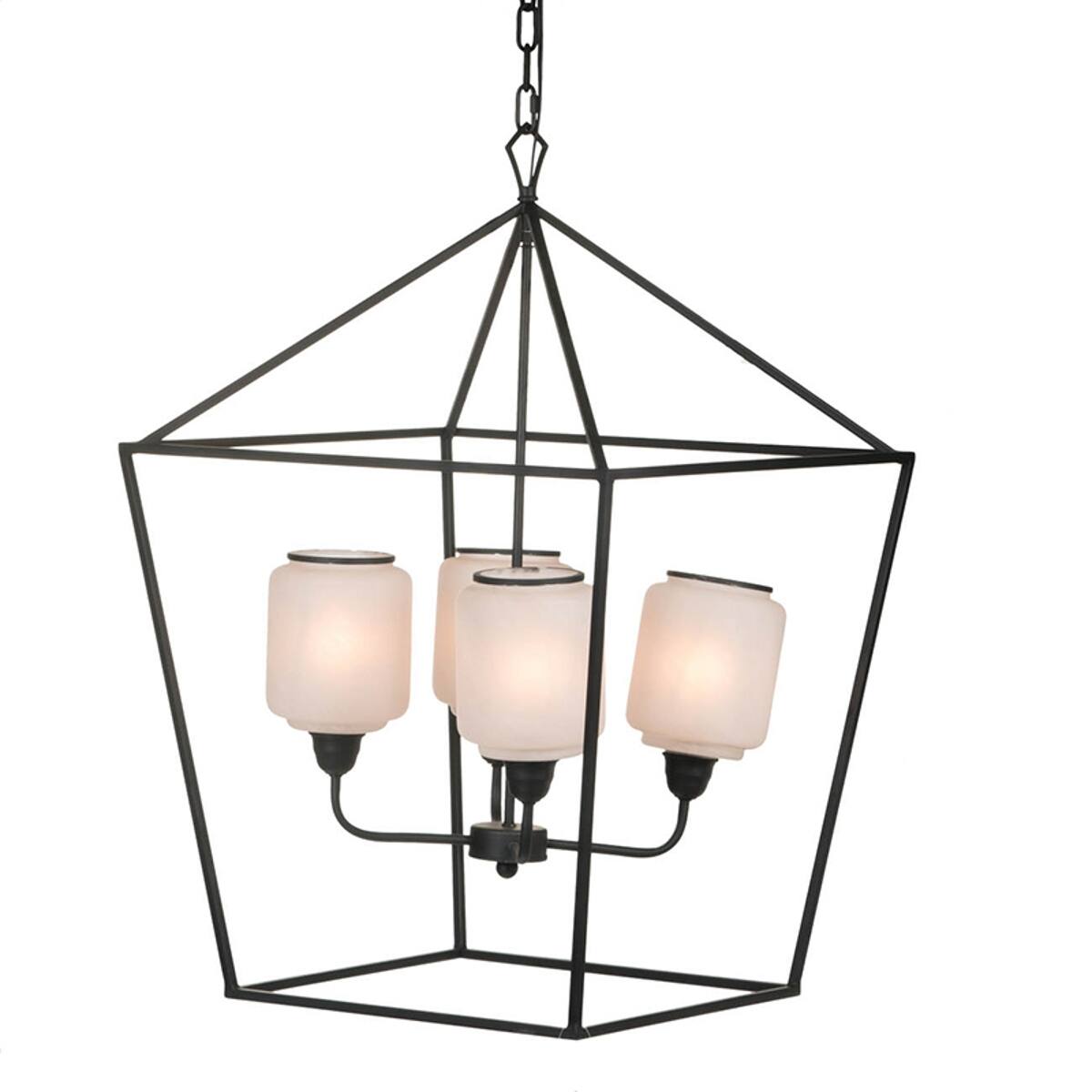 Angle. Loheer - Loheer Black Iron Chandelier with Opaque Glass, Industrial Hanging Light Fixture for Dining Room and Entryway.
