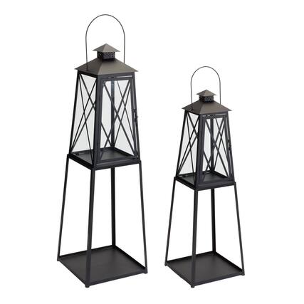 Front. BreeBe - Traditional Metal Lantern with Tapered Stand (Set of 2) - Black.