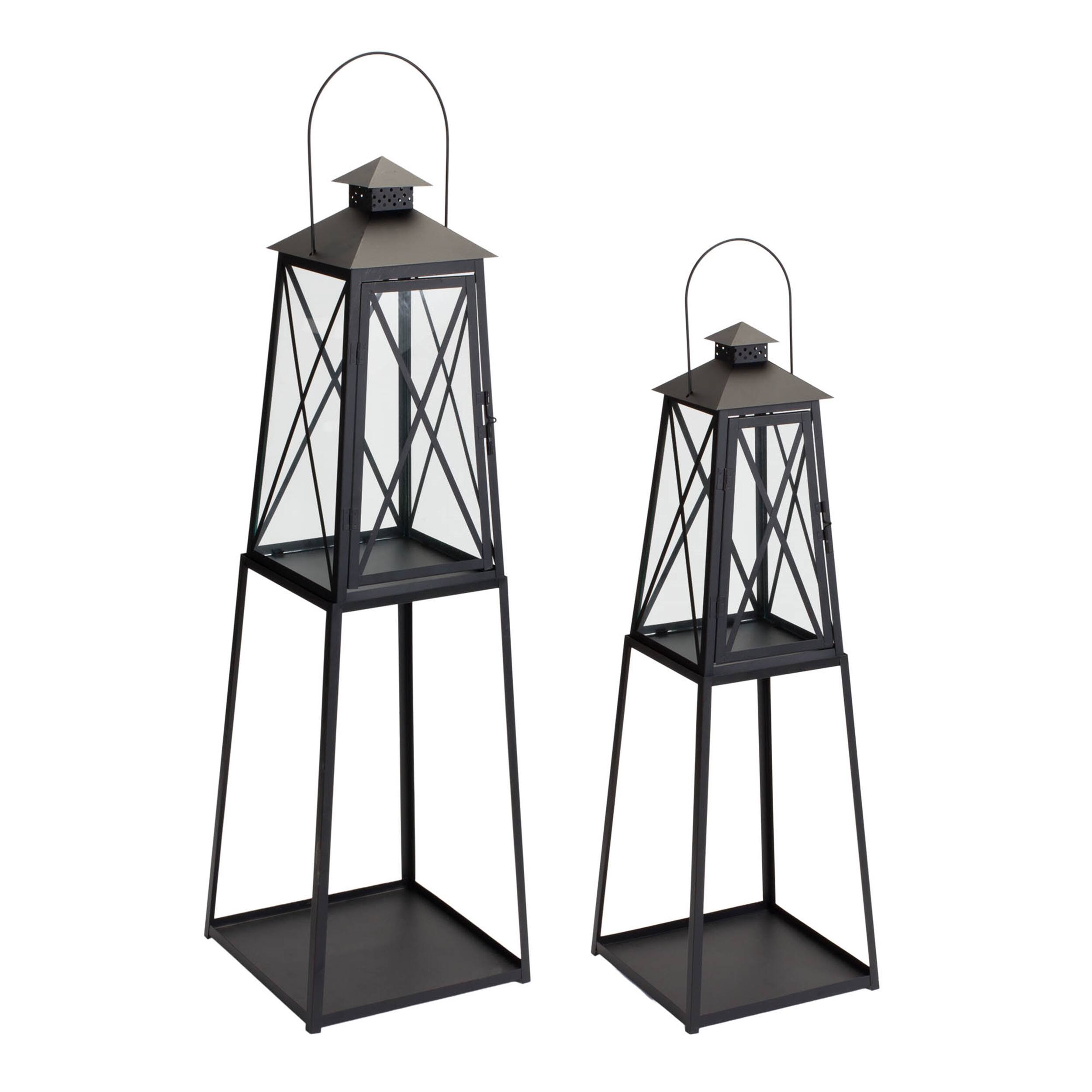 Front. BreeBe - Traditional Metal Lantern with Tapered Stand (Set of 2) - Black.