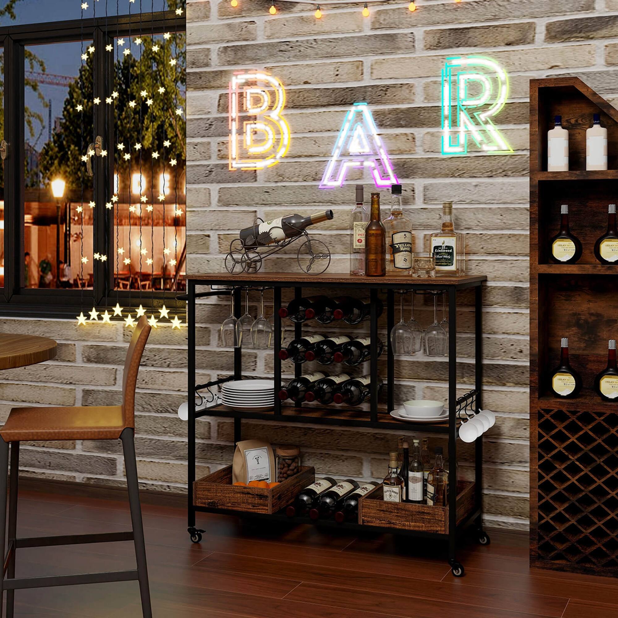 Alt View 5. Costway - Costway 3 Tiers Bar Cart Home Serving Cart on Wheels with Glass Racks Wine Holders - Rustic Brown.