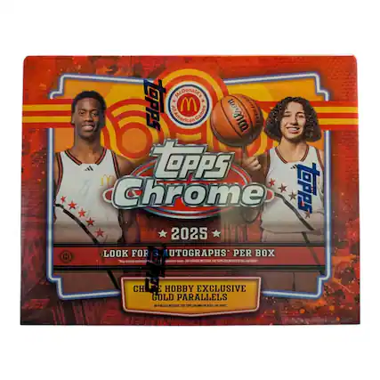 McDonald's
Topps All American Games
Wilson
Topps Chrome
2025
Look for 3 autographs per box
Contains redemption dates
Hobby exclusive gold parallels
Topps.com for details and entry