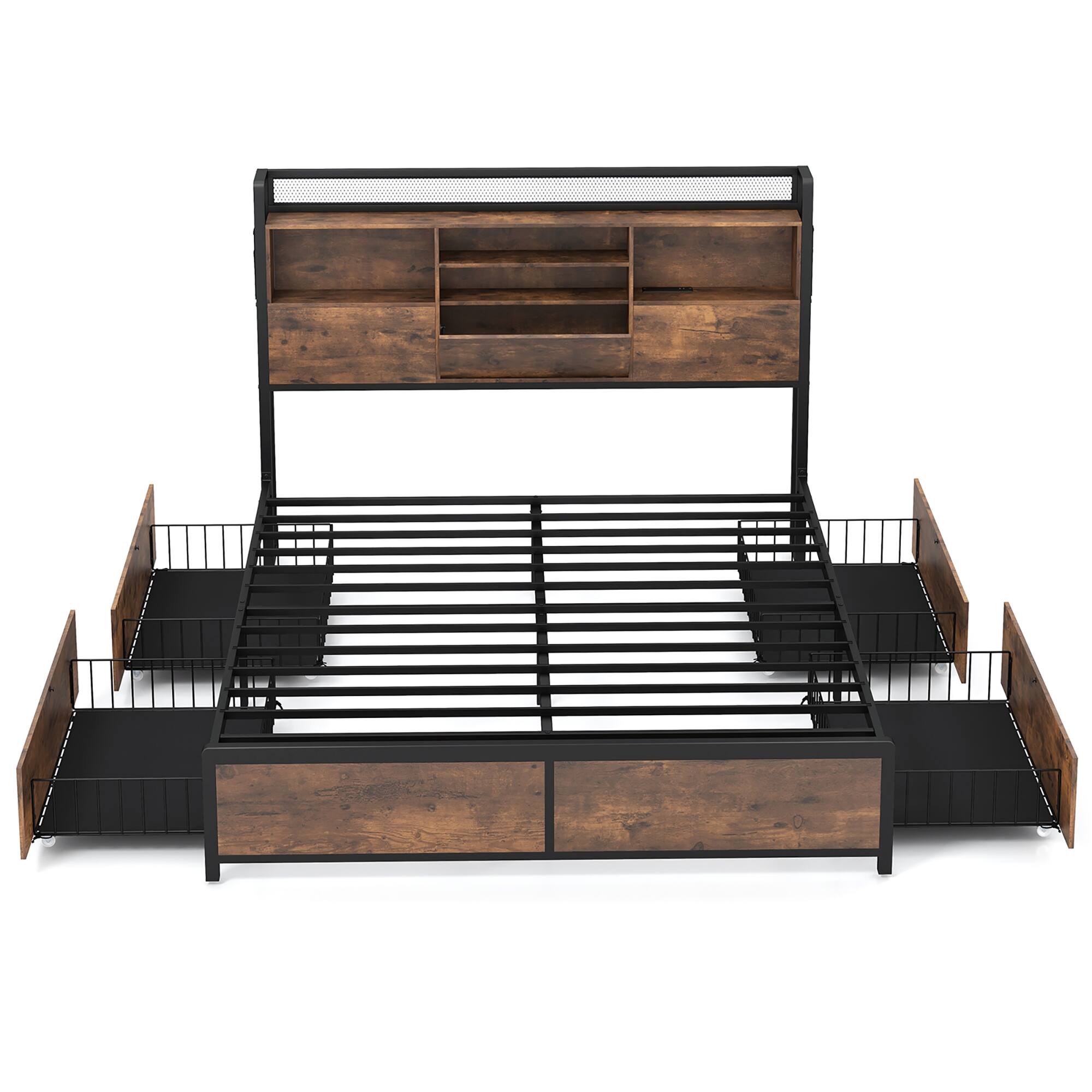 Alt View 9. Gymax - Gymax Queen Size Bed Frame w/ Bookcase Headboard & 4 Storage Drawers Vintage Brown - Vintage Brown.