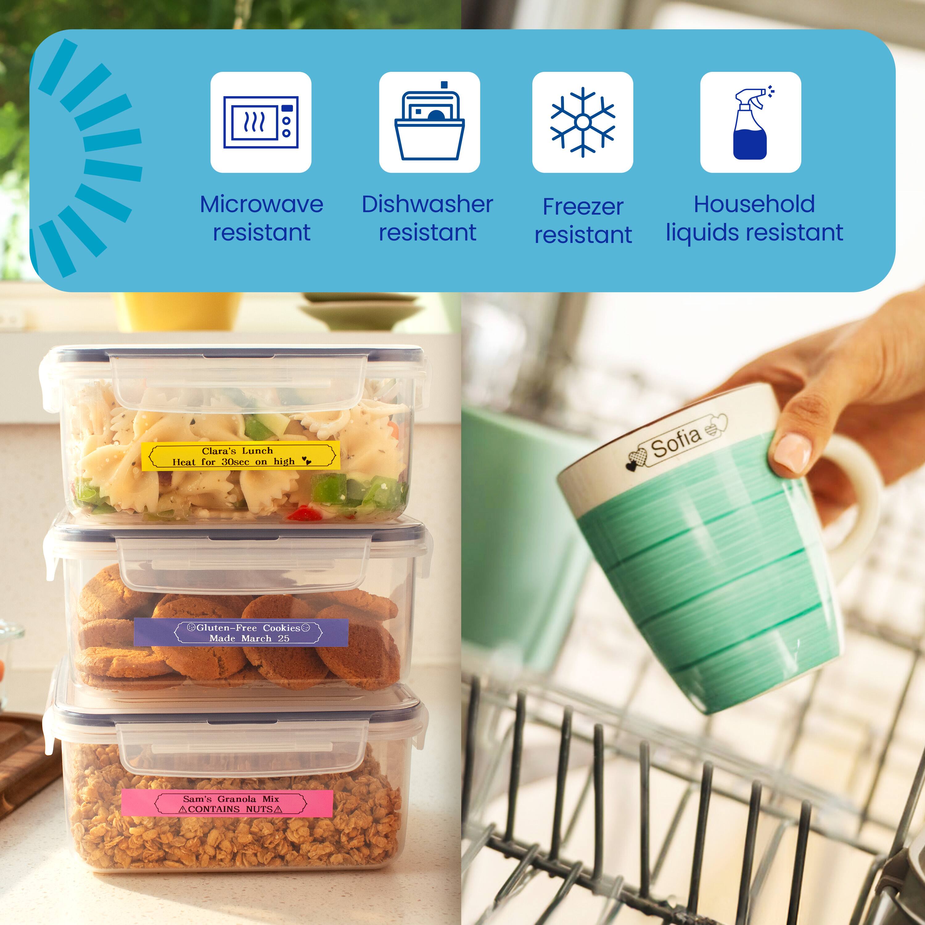 The text on the image is grouped as follows:

1. Microwave Dishwasher Freezer Household resistant resistant resistant liquids resistant
2. Clara's Lunch Heat for :ke THI high Sofia Gluten-Free Cookies Made March 25 Sams Oramola MiK
3. Contains nuts.