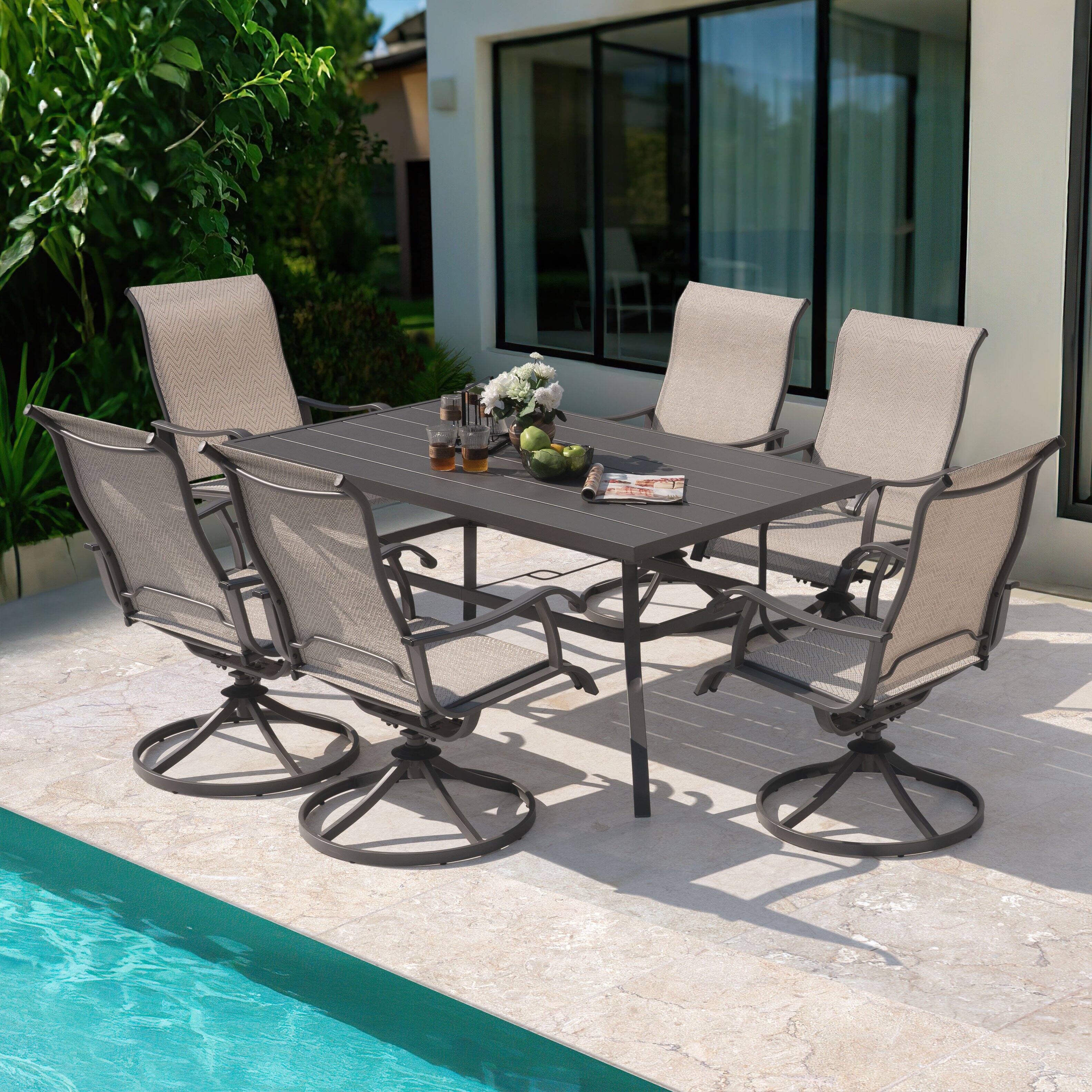 Alt View 8. Nuu Garden - Patio 7 Pieces Textilene Dining Set with Swivel Design, Umbrella Hole - Beige and Gray.