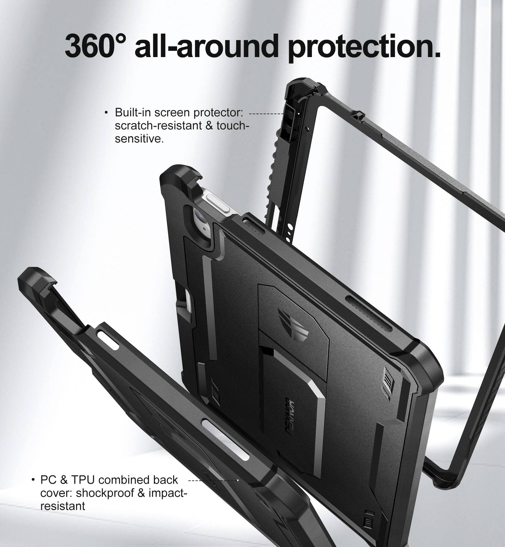 360° all-around protection.

- Built-in screen protector: scratch-resistant & touch-sensitive.

- PC & TPU combined back cover: shockproof & impact-resistant