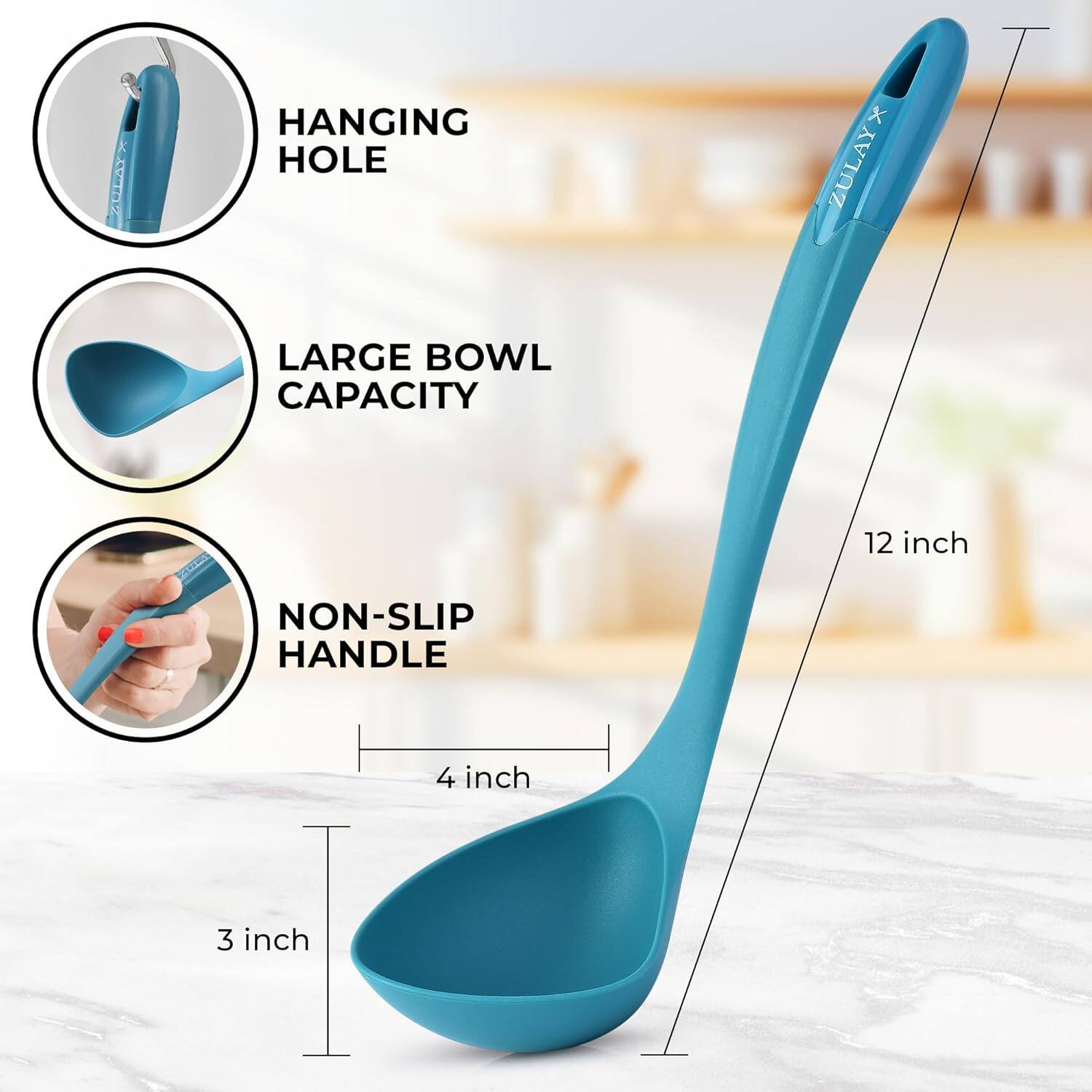 - ZULAY HANGING HOLE
- ZULAY LARGE BOWL CAPACITY
- ZULAY NON-SLIP HANDLE

- 12 inch
- 4 inch
- 3 inch