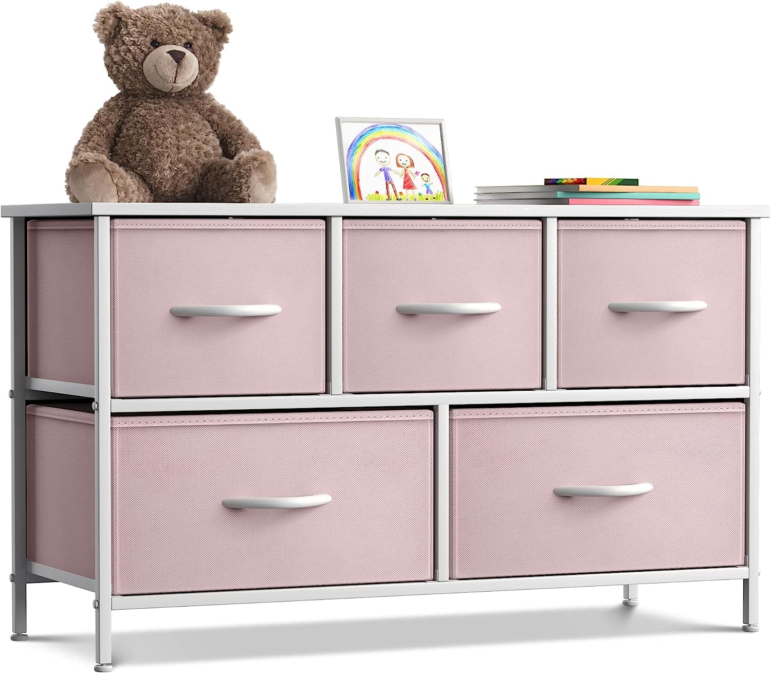 Sorbus - Dresser with 5 Drawers - Storage Chest Organizer Unit with Steel Frame, Wood Top, Easy Pull Fabric Bins Bedroom - Pink