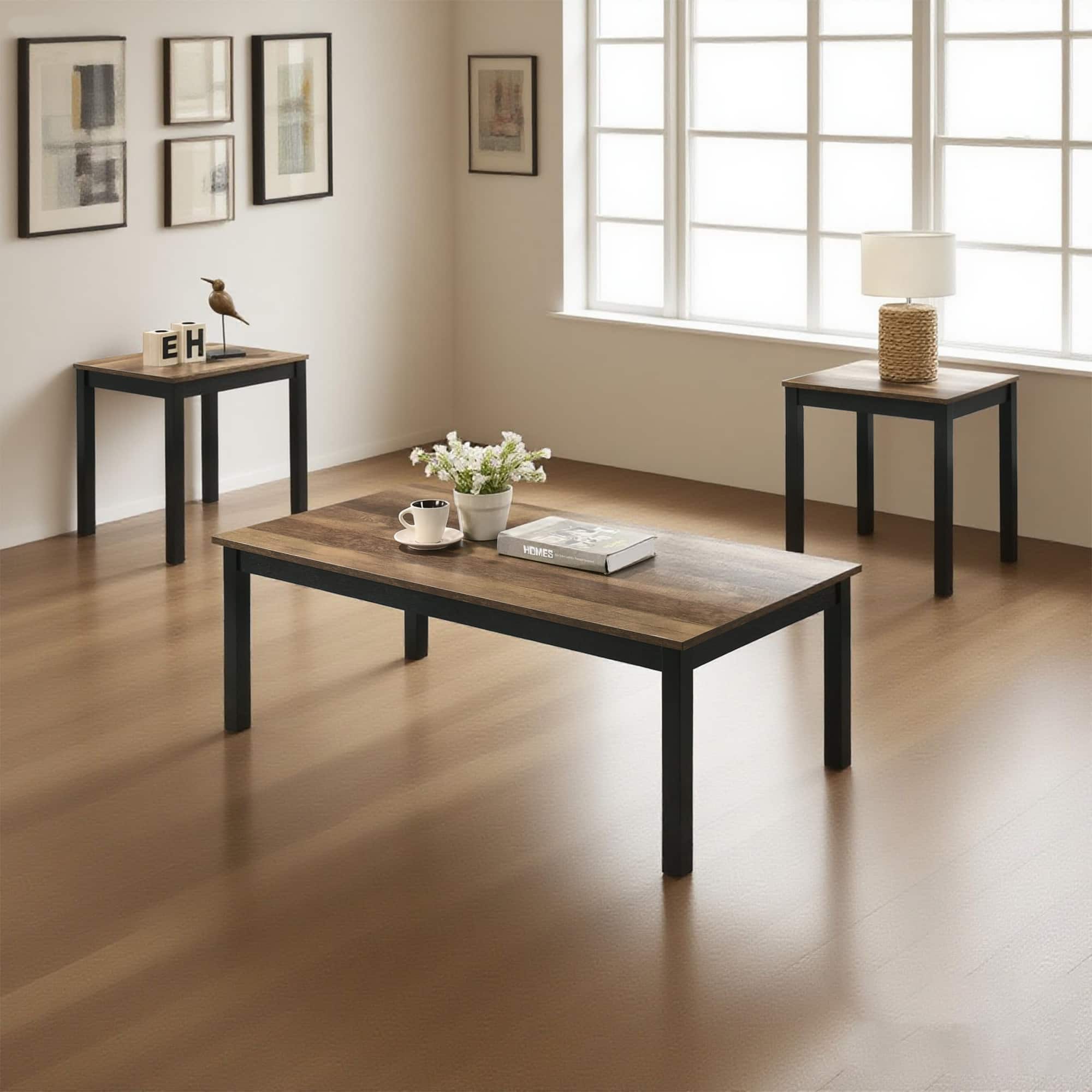 Parrot Uncle - Coffee Table Set of 3, Industrial Coffee Table with 2 Square End Side Tables for Apartment Home Office - Brown