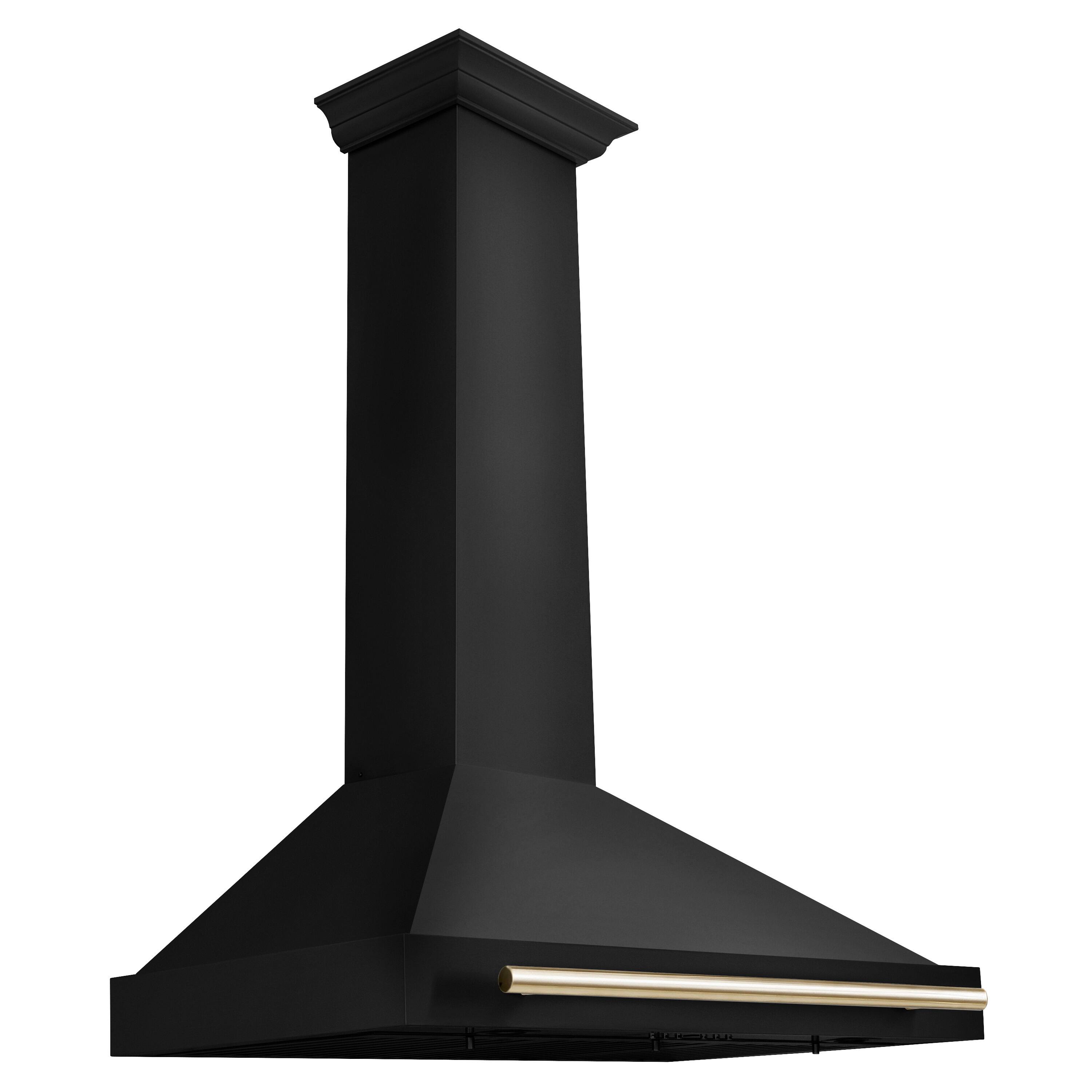 Left. ZLINE - 36 in. Autograph Edition Black Stainless Steel Wall Mount Range Hood With Polished Gold Handle (BSKB4Z-36-G) - Black stainless steel.