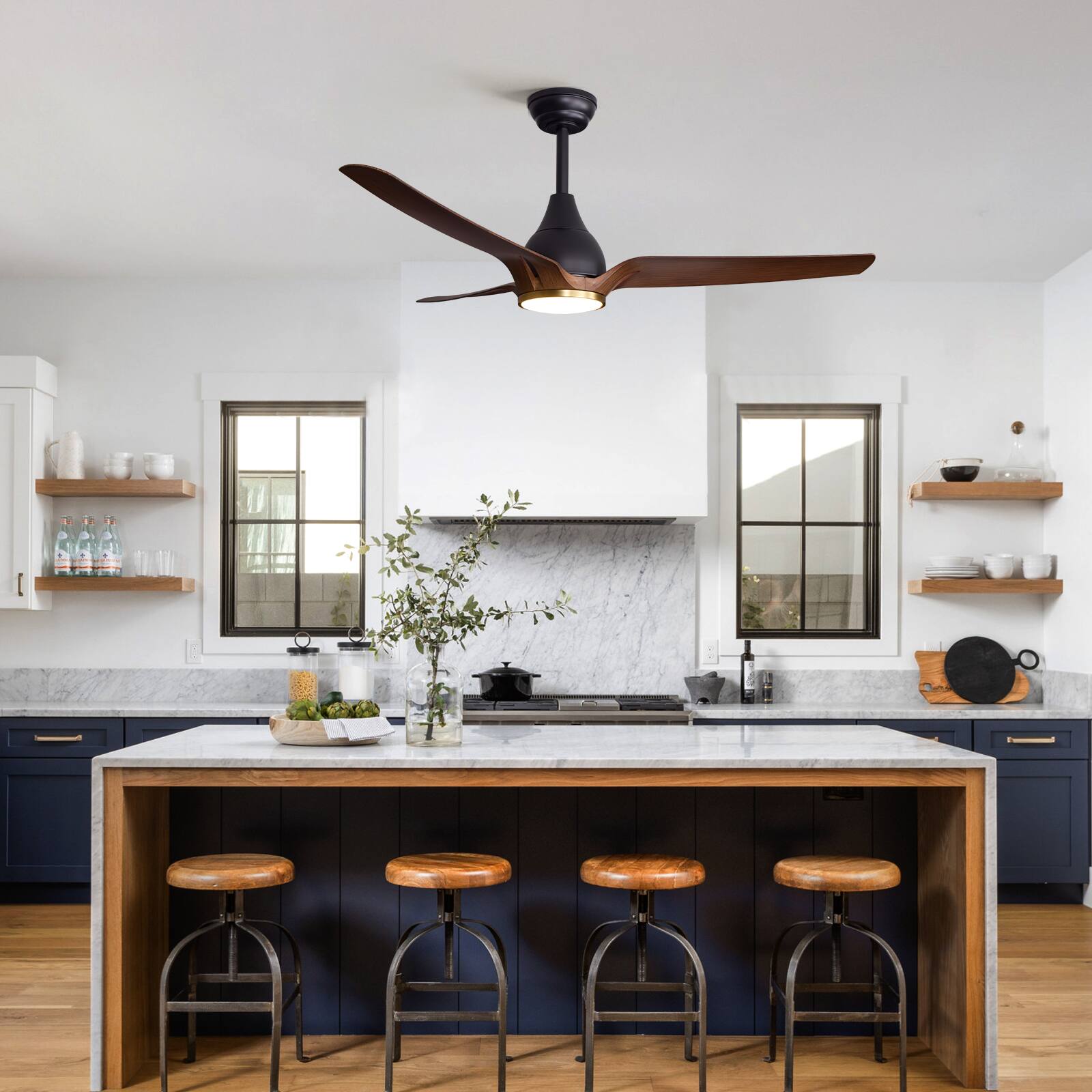 Left. Siljoy - 52 Inch Ceiling Fan with LED Light Black Wood Grain 3 ABS Blades Hanging Ceiling Fan for Bedroom Living Room - Brown.