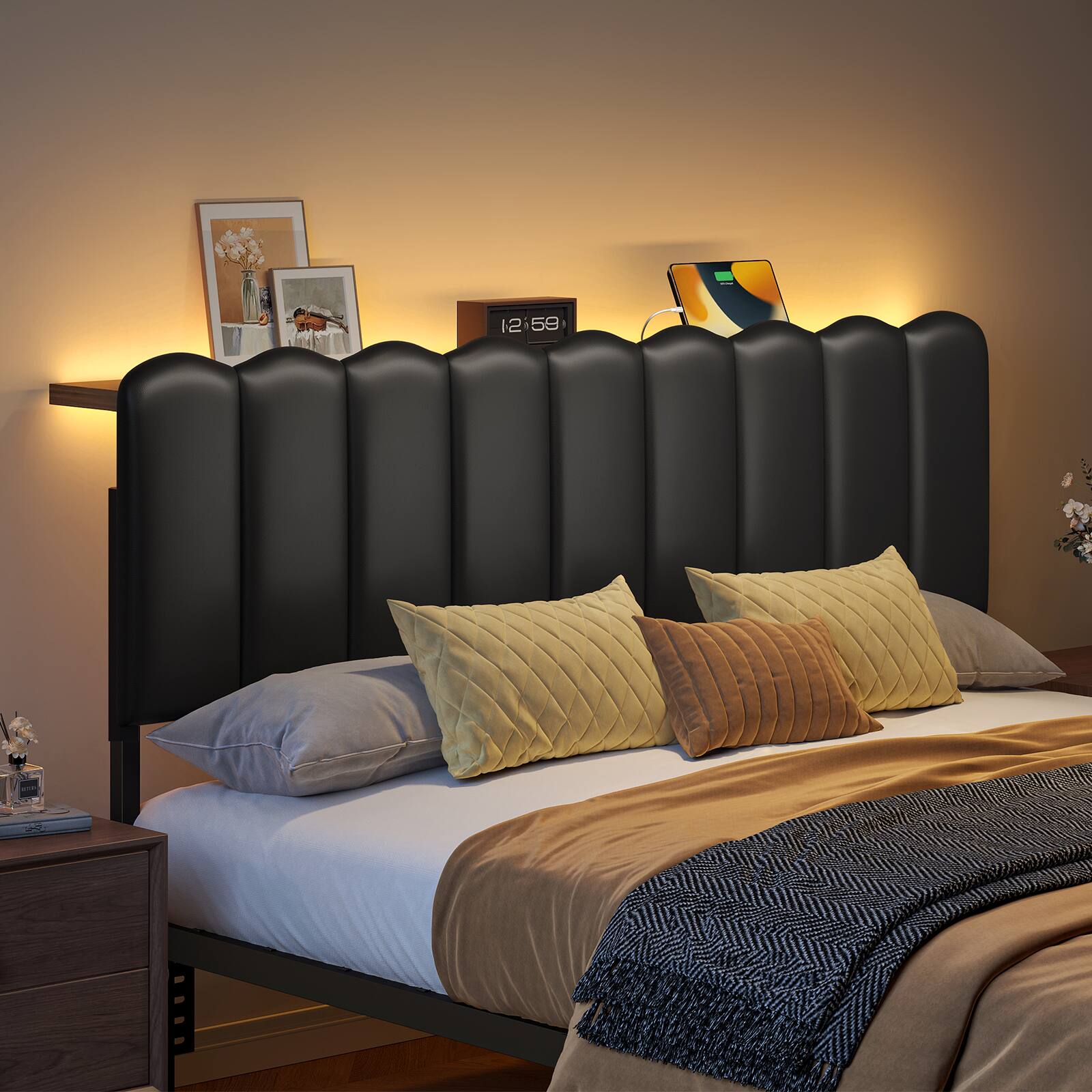Back. Pinmoco - Metal Upholstered Headboard Height Adjustable Headboard with LED Light, Charging Station - PU Black.