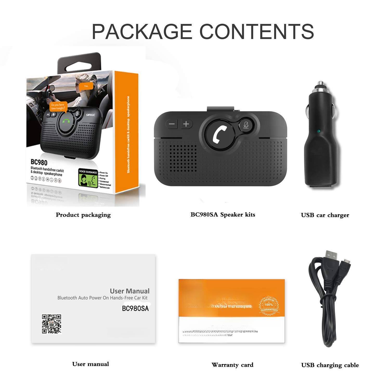 PACKAGE CONTENTS

- Product packaging
- BC980SA Speaker kits
- USB car charger
- User manual
- Warranty card
- USB charging cable