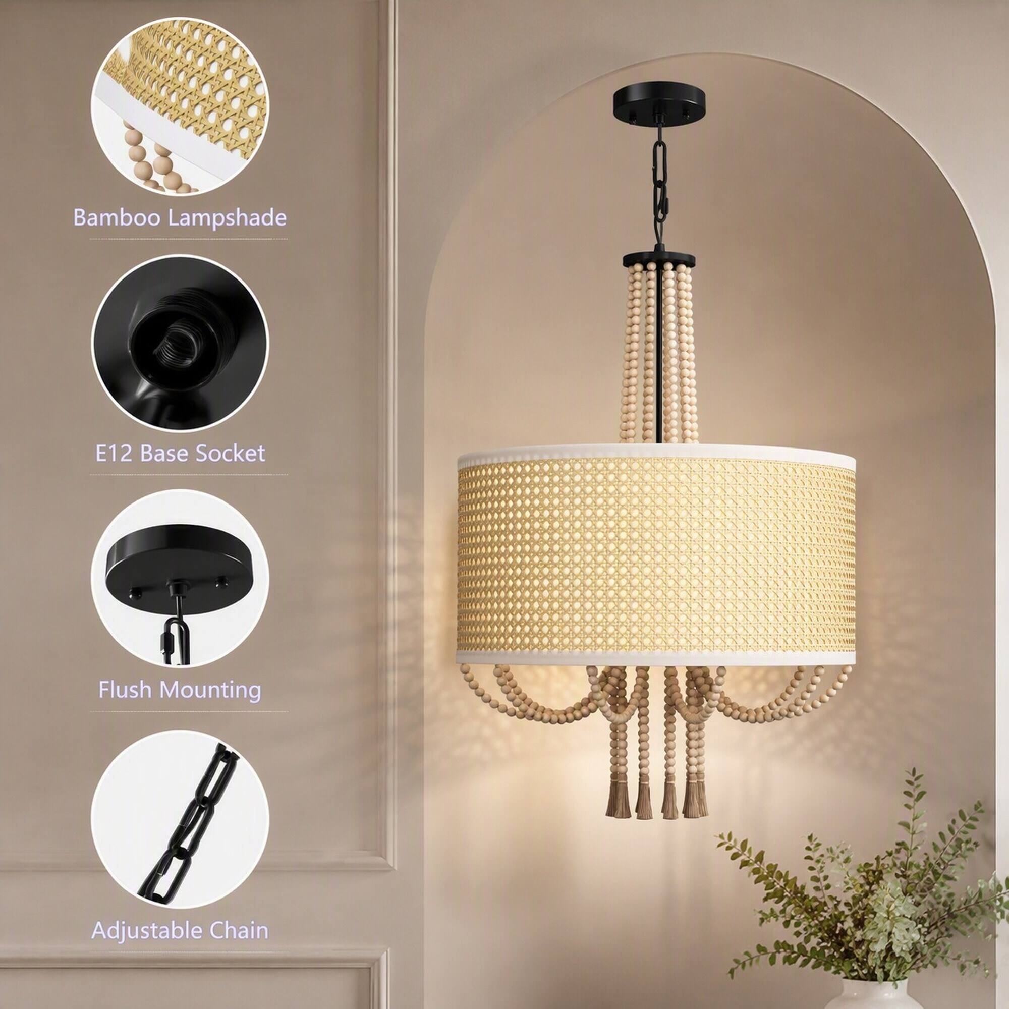 Bamboo Lampshade  
E12 Base Socket  
Flush Mounting  
Adjustable Chain