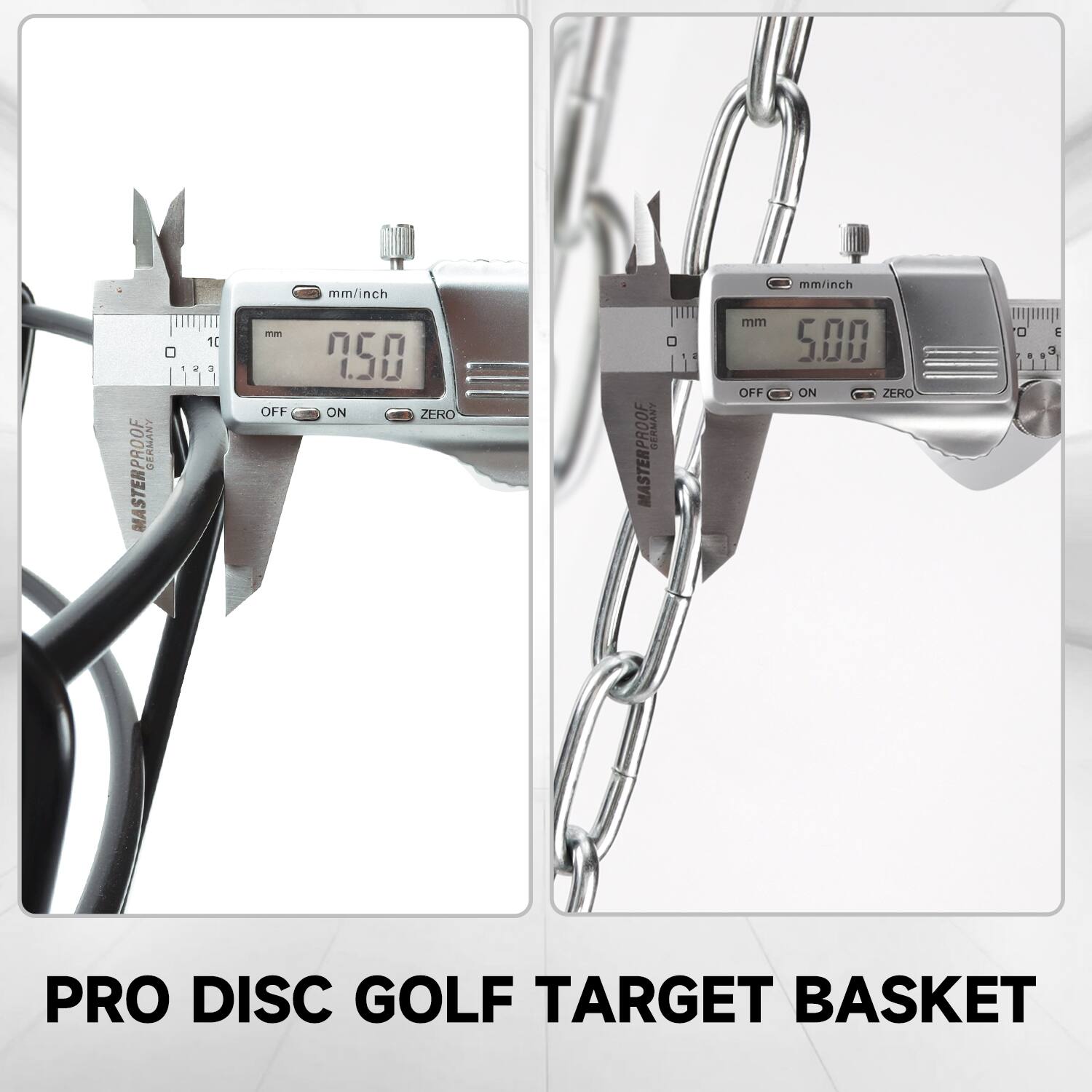 GARMANT MASTERPROOF O 10 a - mm/inch mm 0.50 OFF ON ZERO SERMANY MASTERPROOF mm OFF mm/inch 5.00 ON ZERO O E 3 PRO DISC GOLF TARGET BASKET
