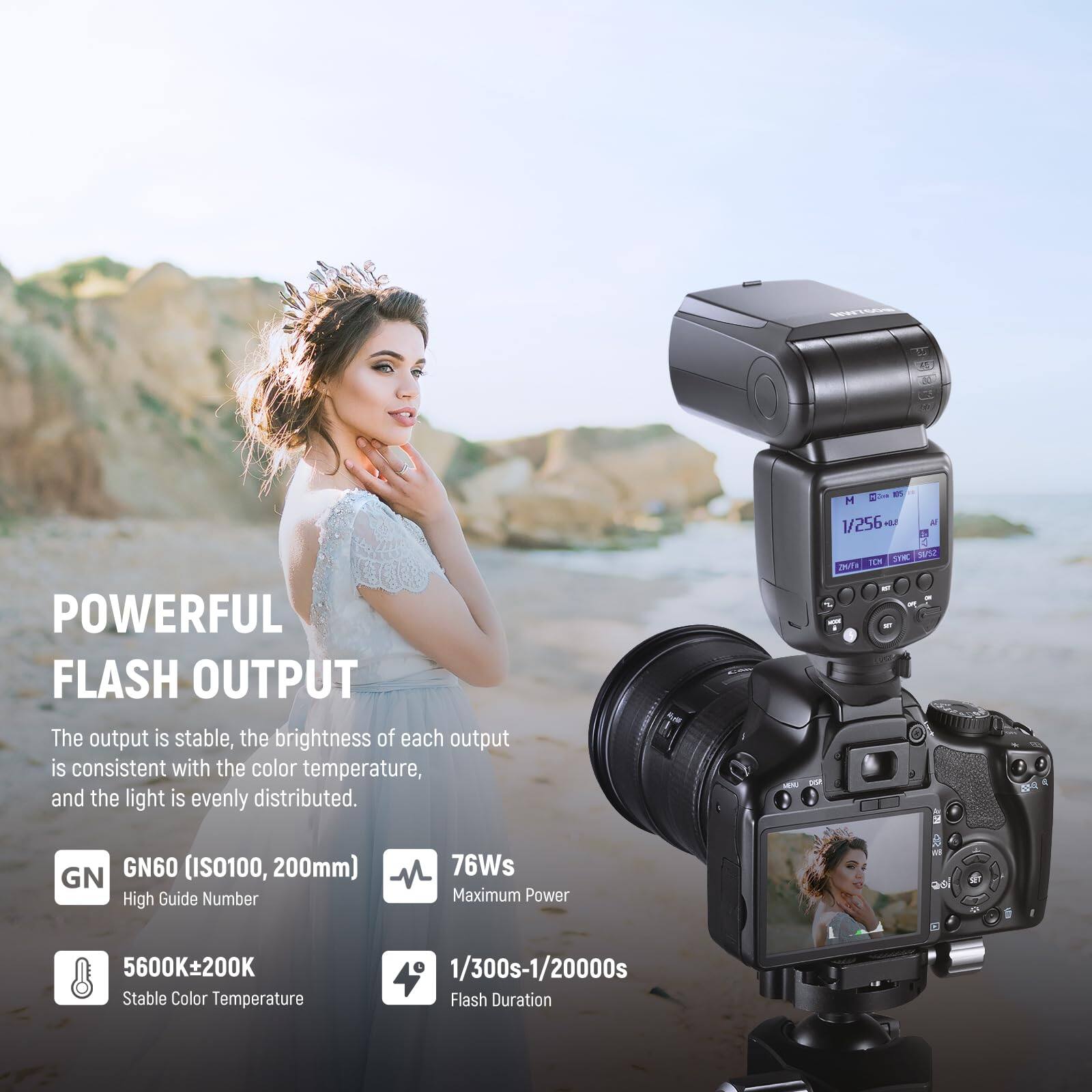 POWERFUL FLASH OUTPUT

The output is stable, the brightness of each output is consistent with the color temperature, and the light is evenly distributed.

- GN60 (ISO100, 200mm) High Guide Number
- 76Ws Maximum Power
- 5600K±200K Stable Color Temperature
- 1/300s-1/20000s Flash Duration