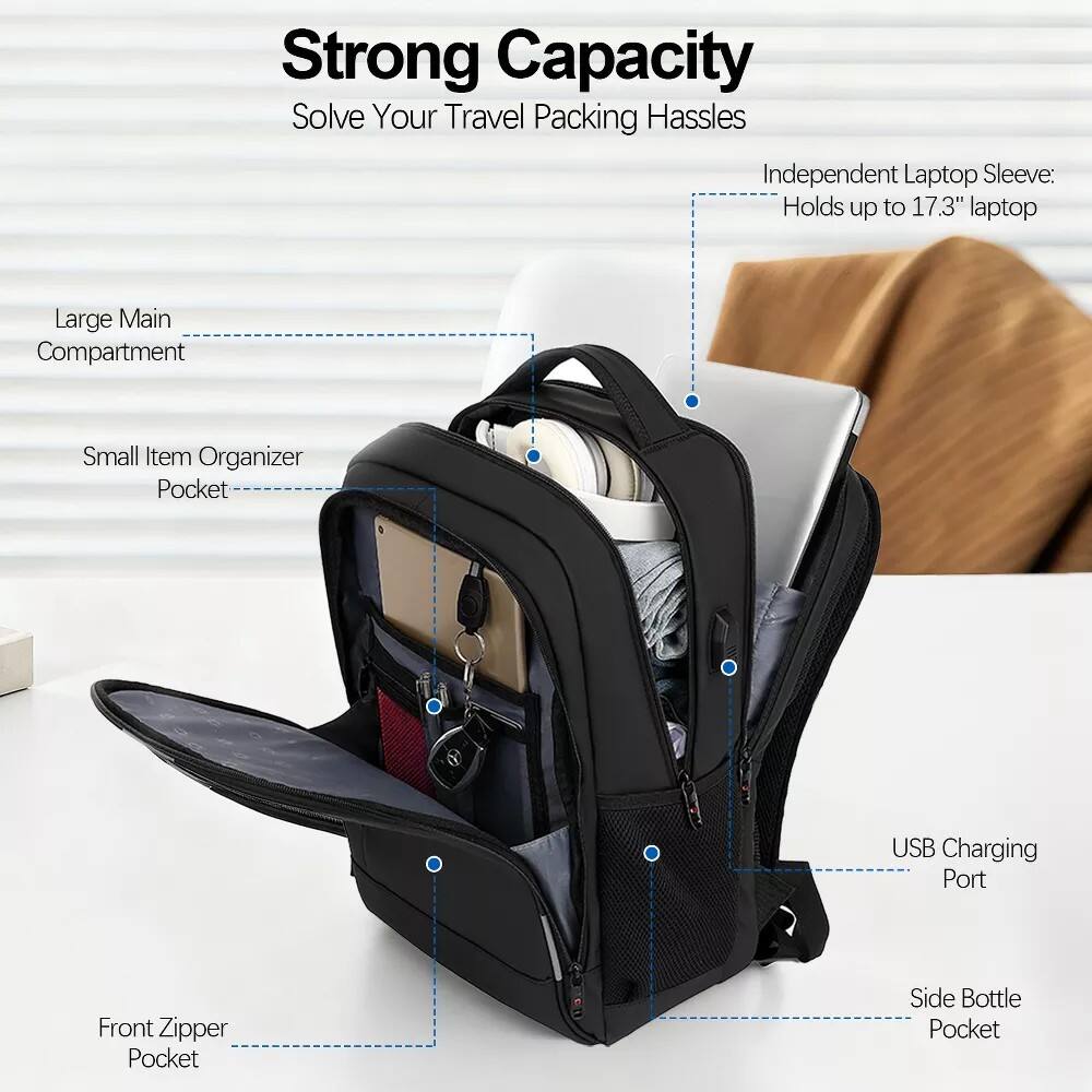 Strong Capacity  
Solve Your Travel Packing Hassles  

- Independent Laptop Sleeve: Holds up to 17.3" laptop  
- Large Main Compartment  
- Small Item Organizer Pocket  
- Front Zipper Pocket  
- USB Charging Port  
- Side Bottle Pocket