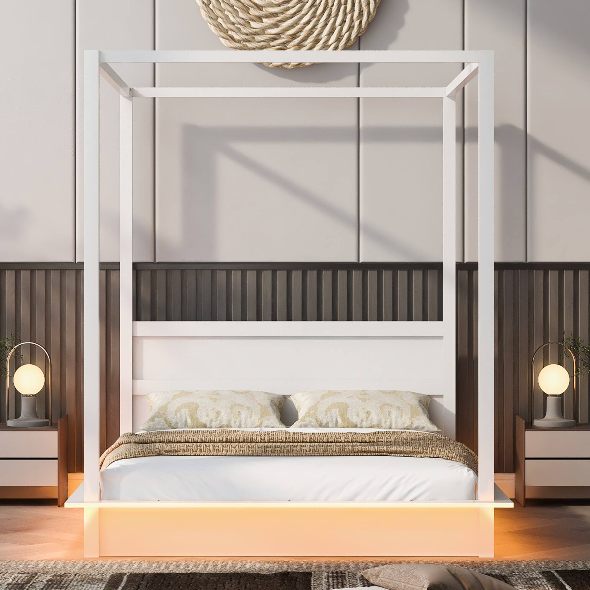 Left. GOODSILO - Queen Size Wooden LED Canopy Platform Bed with Support Slats, No Box Spring Needed, Modern Design - White.