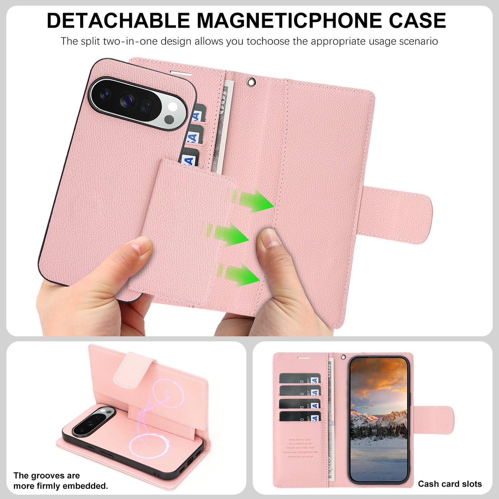 DETACHABLE MAGNETIC PHONE CASE

The split two-in-one design allows you to choose the appropriate usage scenario.

The grooves are more firmly embedded.

Cash card slots