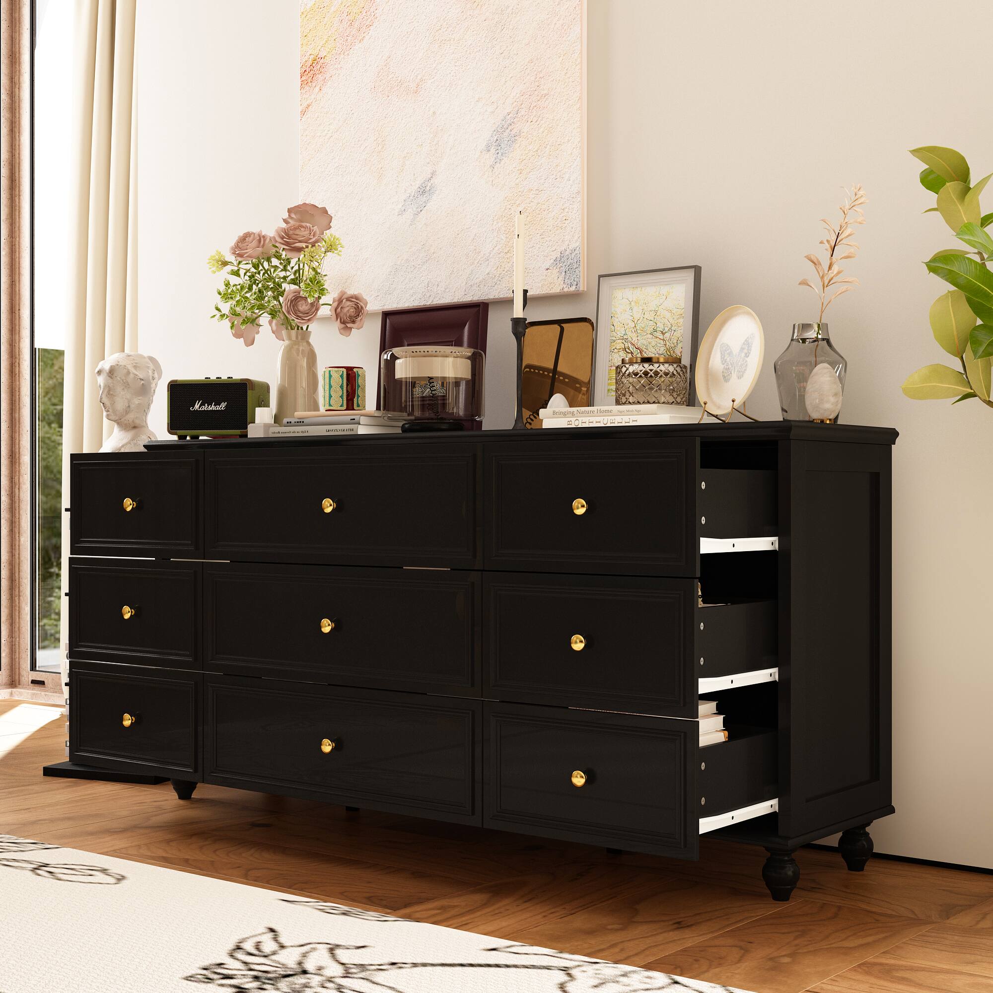 Alt View 6. FUFU & GAGA - FUFU&GAGA Black 9 - Drawer Dresser: Stylish Storage with Solid Wood Legs - Black.