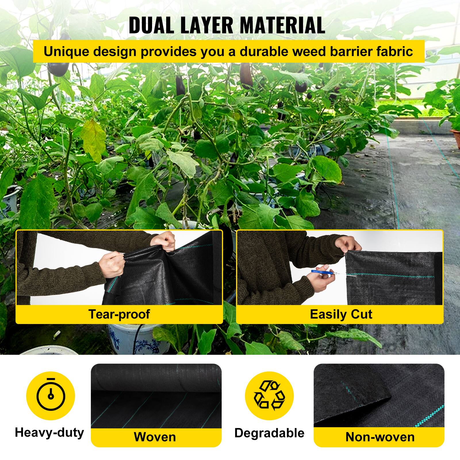 DUAL LAYER MATERIAL Unique design provides you a durable weed barrier fabric Tear-proof Easily Cut Heavy-duty Woven Degradable Non-woven