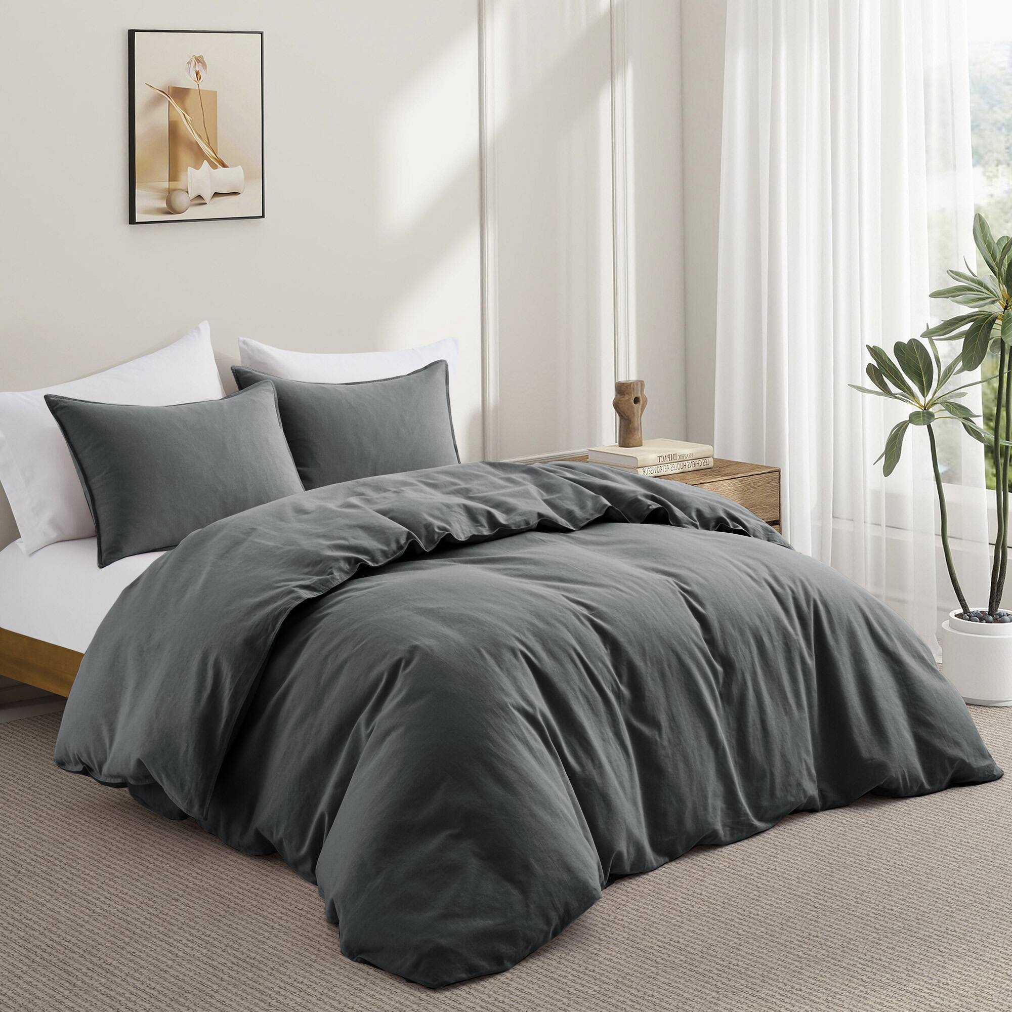 Angle. Peace Nest - Peace Nest Linen Cotton Blend Duvet Cover Set, Dark Gray, Twin - Dark Gray.
