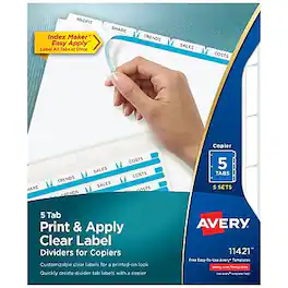 Avery - Index Maker Print & Apply Label Paper Dividers for Copiers, 5 Tabs, White, 5 Sets/Pack - Clear
