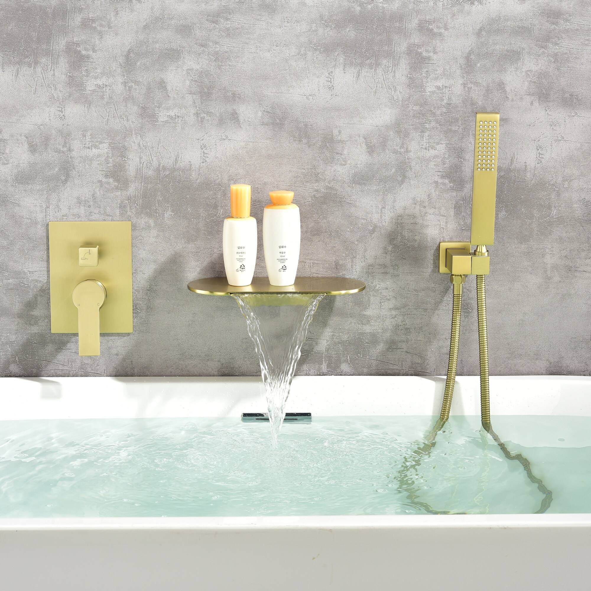 Alt View 1. Boyel Living - Brushed Gold Wall Mount Bathtub Faucet Brass SUS304 2-Function Valve Waterfall Spout Handheld 60-Inch Hose cUPC - Brushed Gold.