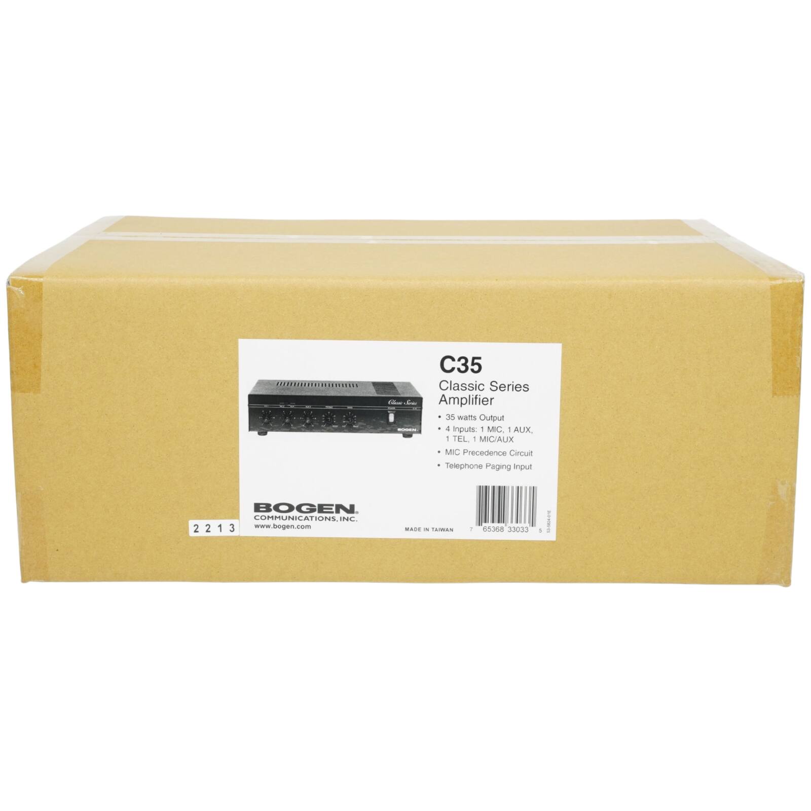 C35 Classic Series Amplifier  
35 watts Output  
4 inputs:  
- MIC  
- AUX  
- TEL  
- MIC/AUX  
MIC Precedence Circuit  
Telephone Paging Input  
BOGEN COMMUNICATIONS, INC.  
TPEC 2213  
www.bogen.com  
MADE IN TAIWAN  
d3es 33033
