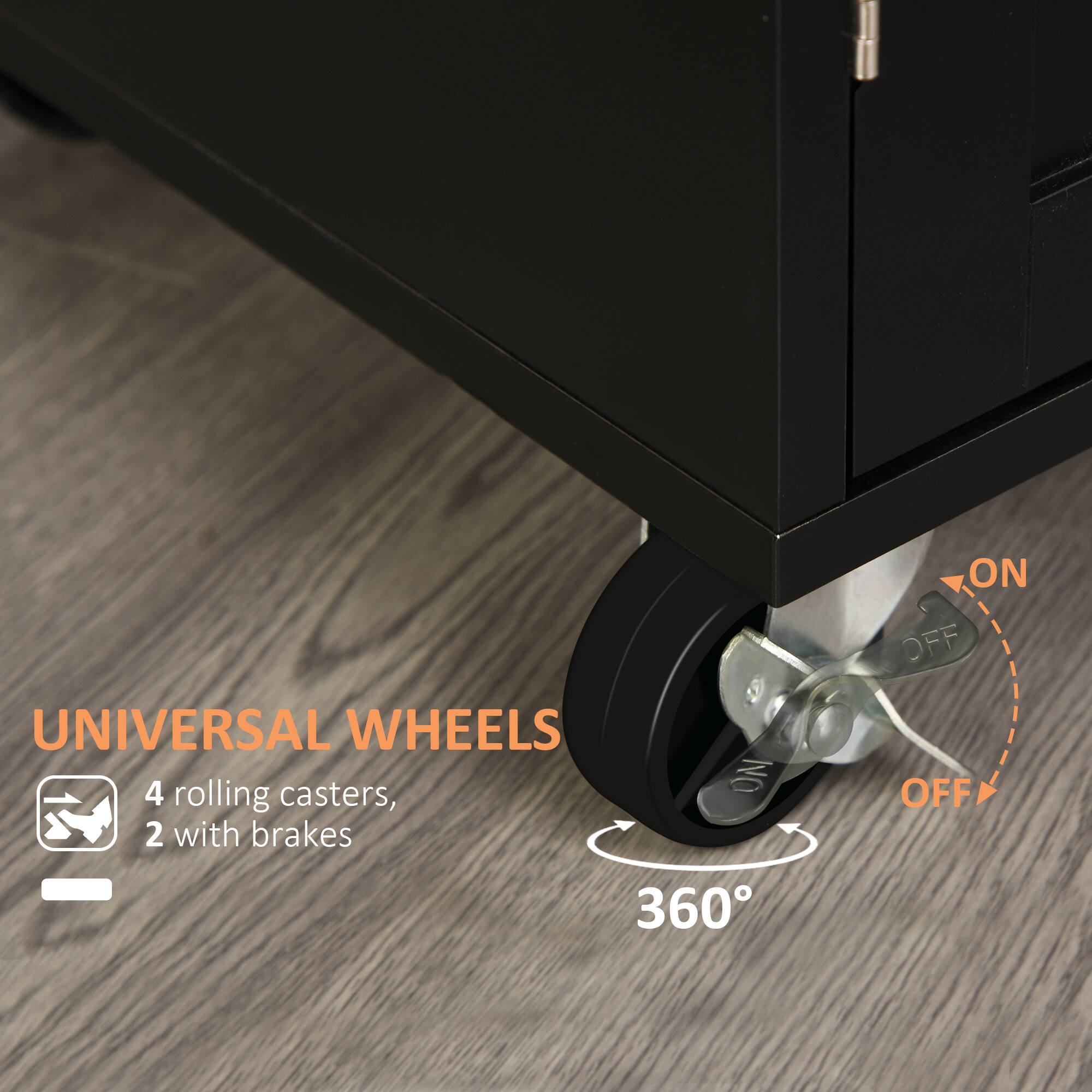 UNIVERSAL WHEELS 4 rolling casters, 2 with brakes ON OFF OFF 360°