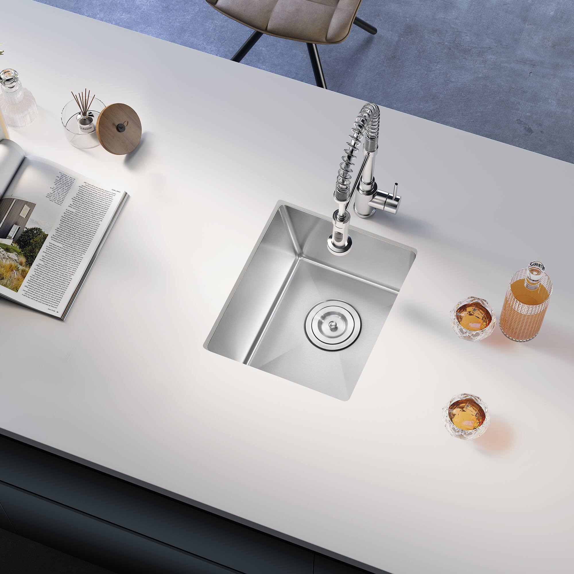 Angle. Akicon - Akicon 13 in. Undermount Single Bowl 20-Gauge Silver Nano Kitchen Sink with Basket Strainer - Silver.