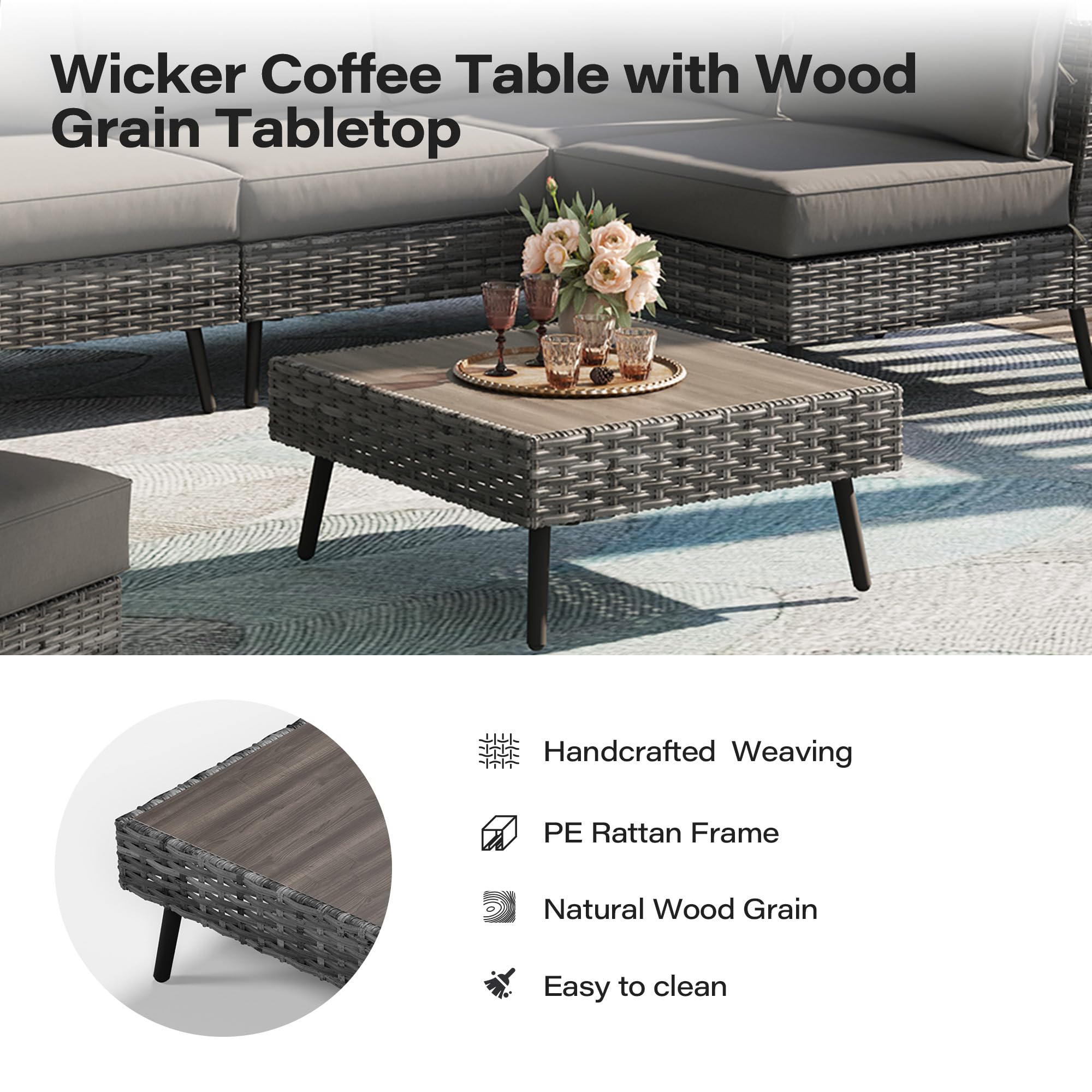 Wicker Coffee Table with Wood Grain Tabletop

- Handcrafted Weaving
- PE Rattan Frame
- Natural Wood Grain
- Easy to clean
