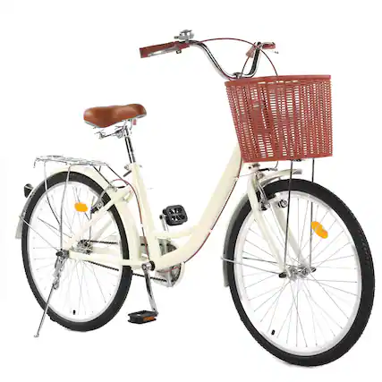 Front. GARVEE - 24" & 26" Women's Beach Cruiser Bike - Step-Through 1-Speed w/Basket & Adjustable Seat | Comfort Commuter Bicycle - 24 inch Beige.
