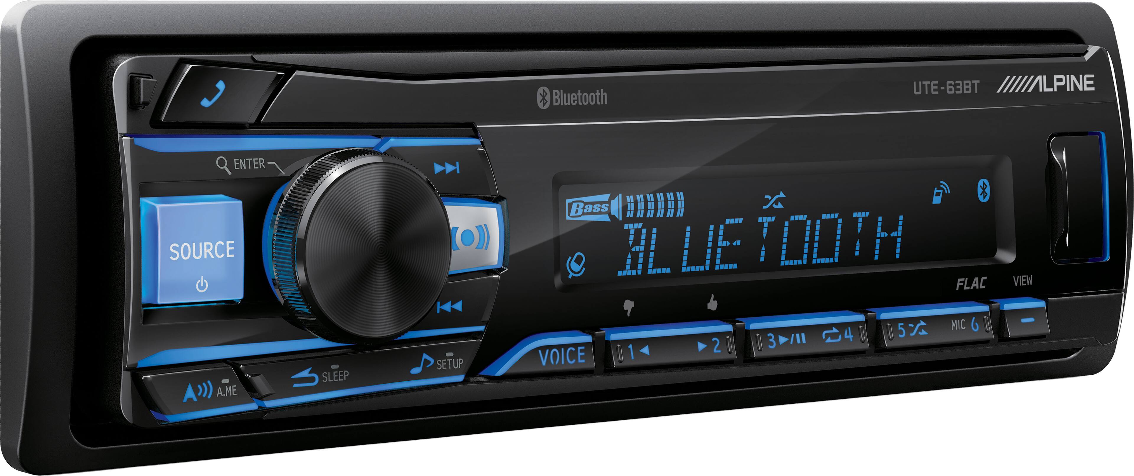 Bluetooth UTE-63BT ALPINE ENTER SOURCE 0)) Bass #  BLUE TOOTH FLAC VIEW A) A.ME SLEEP SETUP VOICE 1 2 3 4 5 5 MIC 6