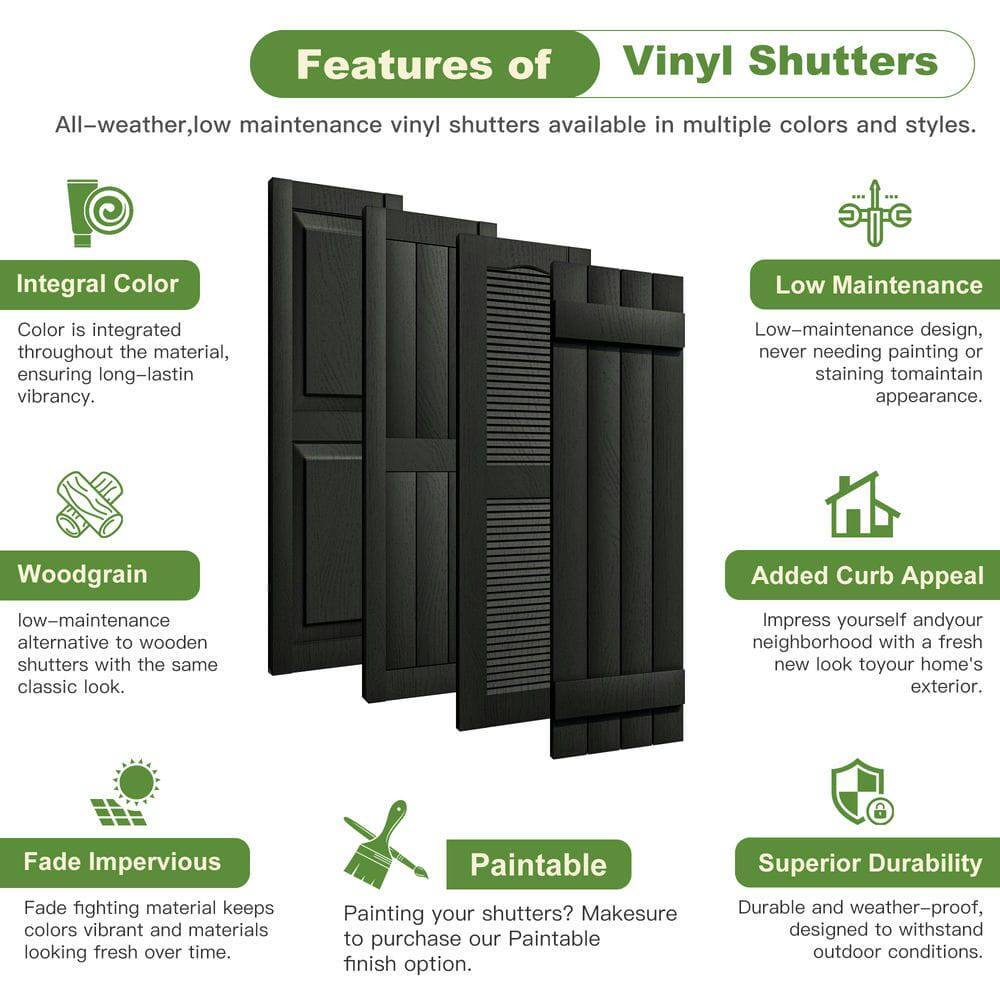 Features of Vinyl Shutters

All-weather, low maintenance vinyl shutters available in multiple colors and styles.

**Integral Color**
- Color is integrated throughout the material, ensuring long-lasting vibrancy.

**Low Maintenance**
- Low-maintenance design, never needing painting or staining to maintain appearance.

**Woodgrain**
- Low-maintenance alternative to wooden shutters with the same classic look.

**Added Curb Appeal**
- Impress yourself and your neighborhood with a fresh new look to your home's exterior.

**Fade Impervious**
- Fade-fighting material keeps colors vibrant and materials looking fresh over time.

**Paintable**
- Painting your shutters? Make sure to purchase our Paintable finish option.

**Superior Durability**
- Durable and weather-proof, designed to withstand outdoor conditions.