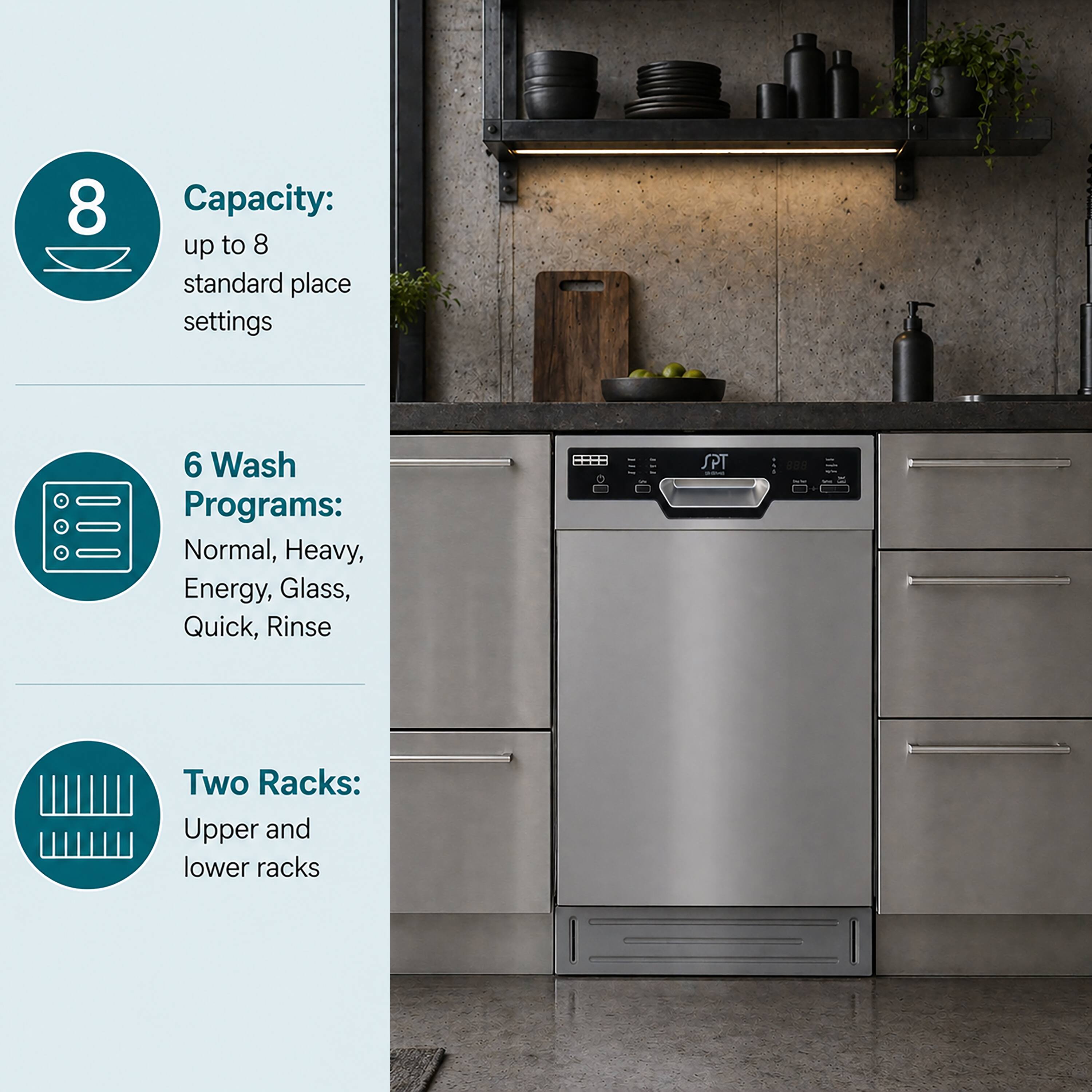 8 Capacity: up to 8 standard place settings

6 Wash Programs: Normal, Heavy, Energy, Glass, Quick, Rinse

Two Racks: Upper and lower racks