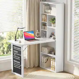 Aheaplus - Foldable Compact Desk: Built-in Outlets & Blackboard, Space-Saving Workstation for Home Office/Craft Room - White
