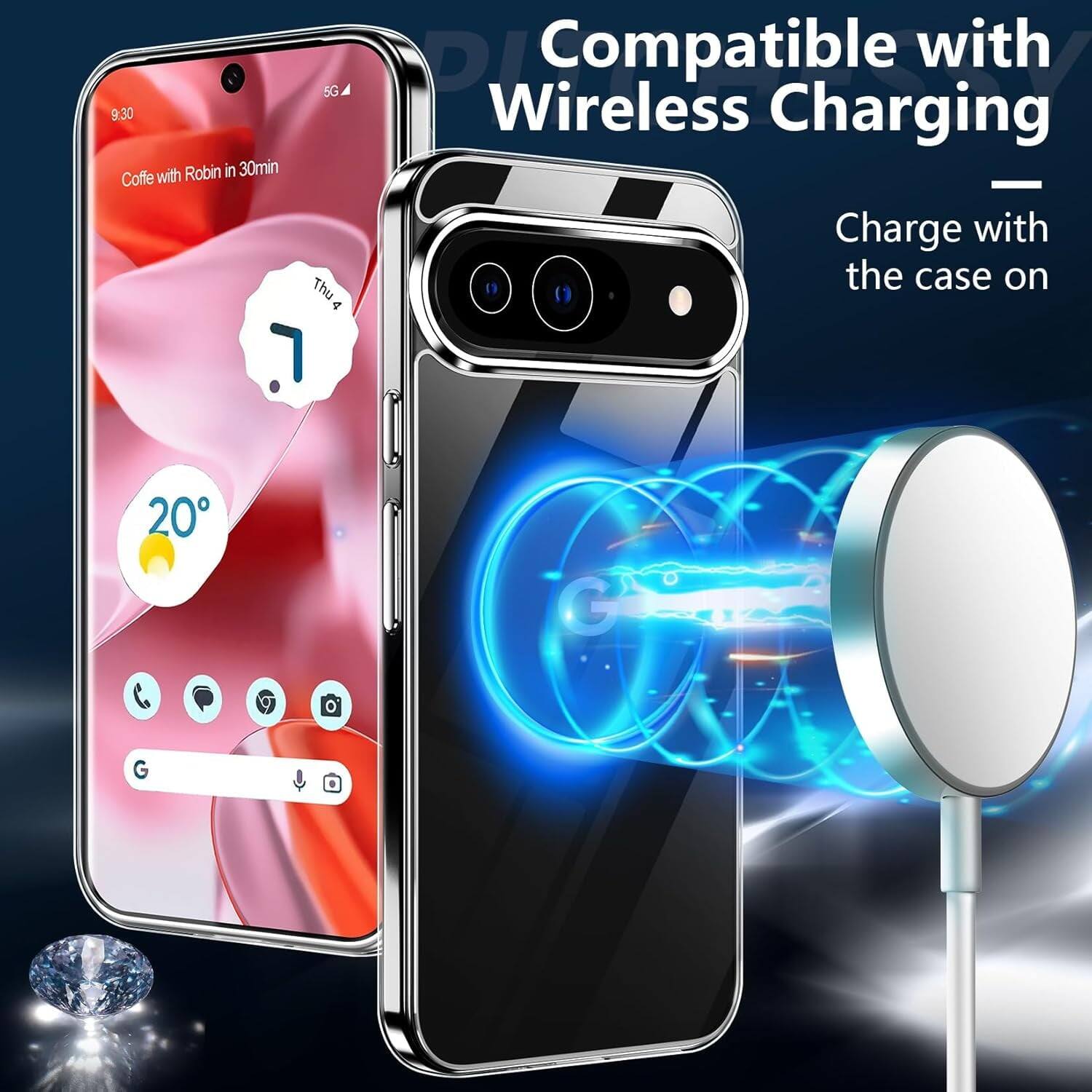 Compatible with Wireless Charging, Charge with the case on, 5G, 9:30, Coffe with Robin in 30min, Thu, 20, G, G