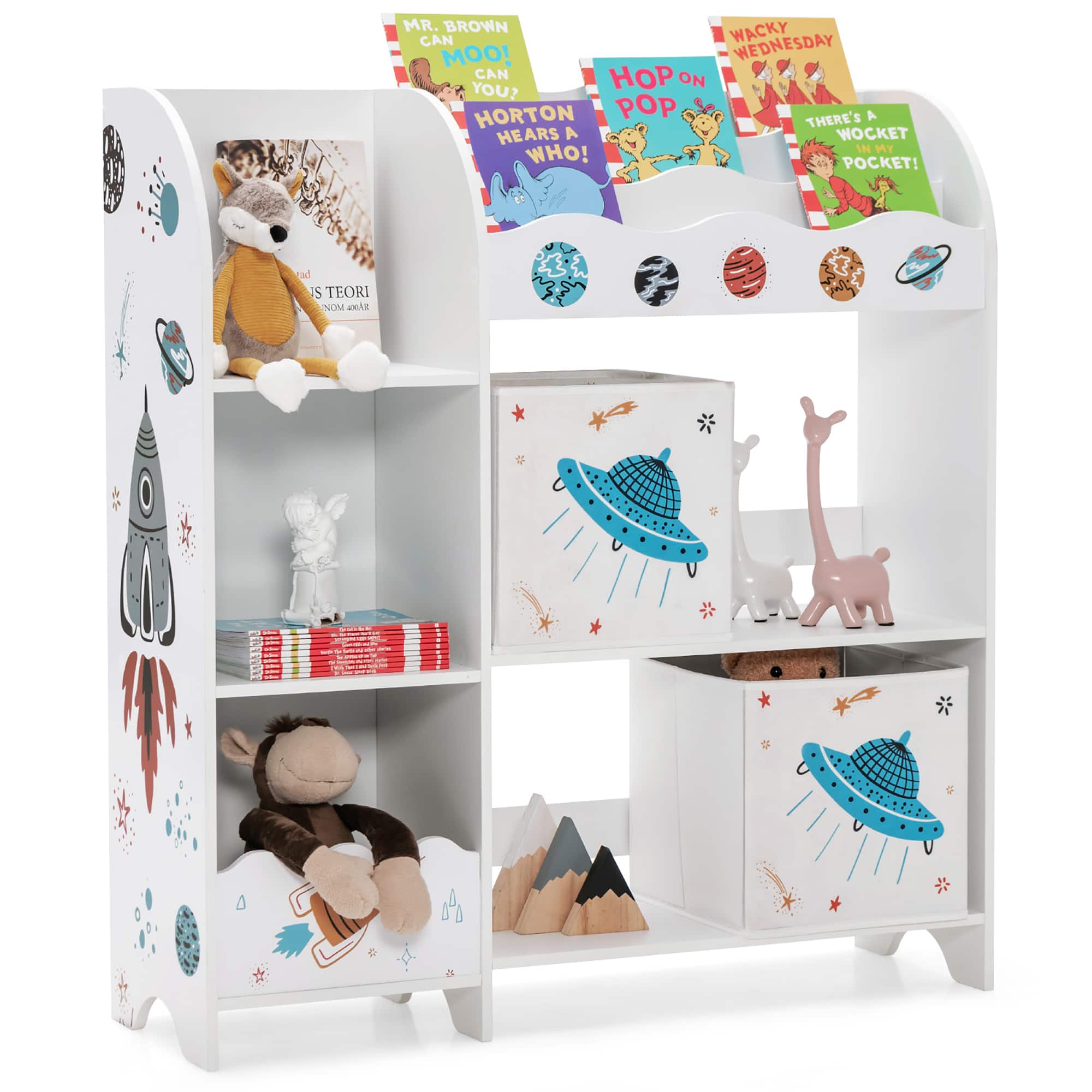 Costway - Kids Toy and Book Organizer Children Wooden Storage Cabinet w/ Storage Bins - White
