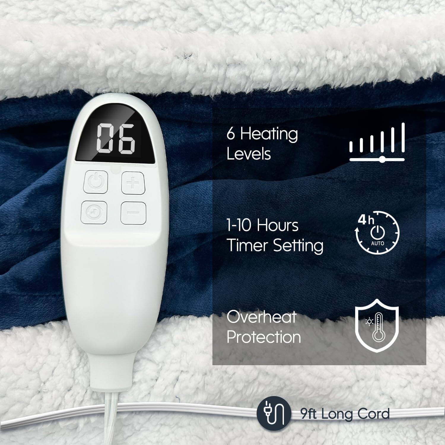 6 Heating Levels  
1-10 Hours Timer Setting  
4h AUTO Overheat Protection  
9ft Long Cord