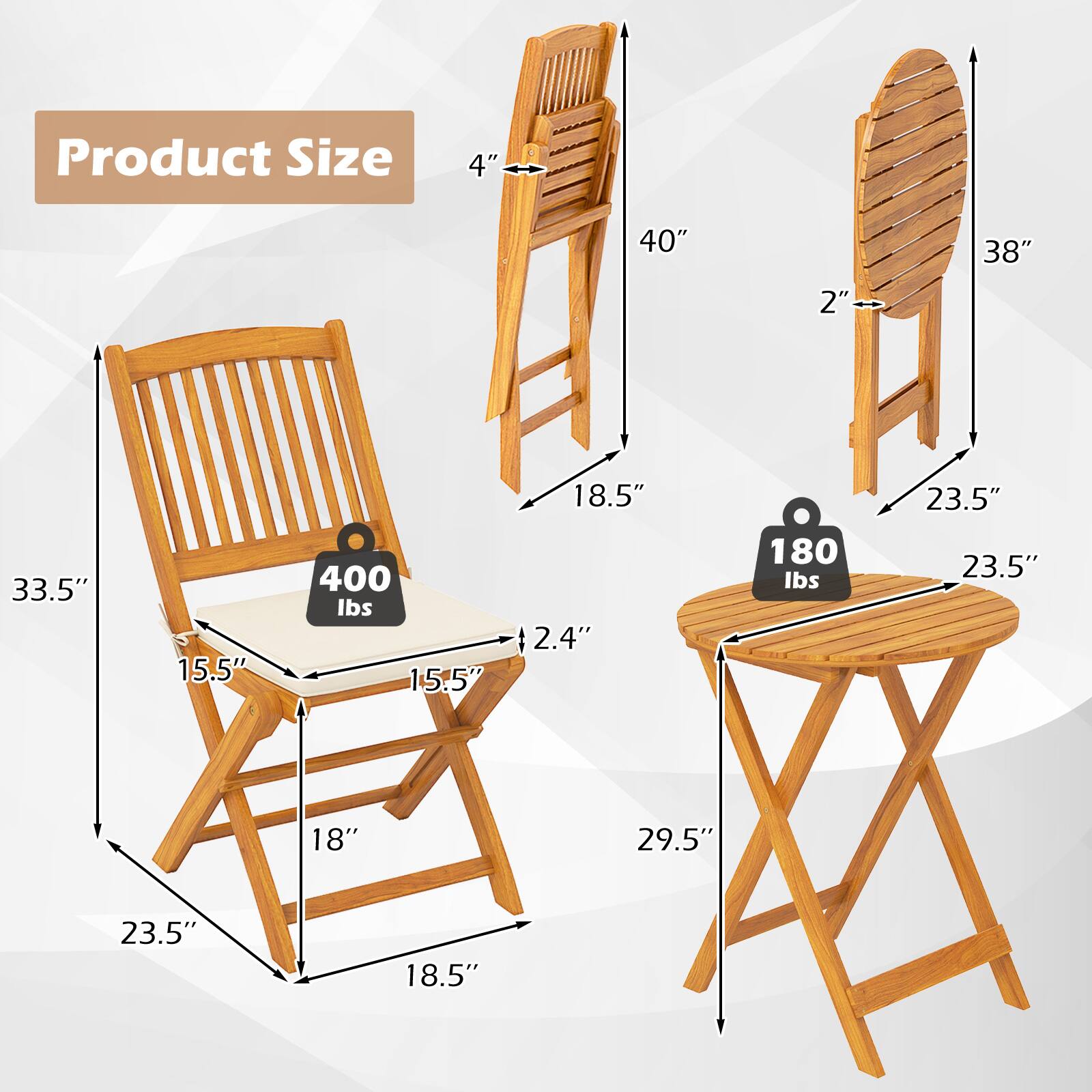 Product Size

- Chair:
  - Height: 40"
  - Width: 18.5"
  - Depth: 33.5"
  - Seat Height: 18"
  - Seat Depth: 15.5"
  - Armrest Height: 4"
  - Weight Capacity: 400 lbs

- Stool:
  - Height: 38"
  - Width: 23.5"
  - Depth: 23.5"
  - Seat Height: 2.4"
  - Seat Diameter: 23.5"
  - Weight Capacity: 180 lbs