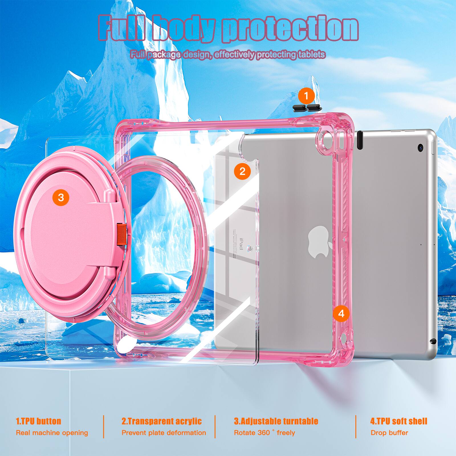 Full body protection  
Full package design, effectively protecting tablets  

1. TPU button  
Real machine opening  

2. Transparent acrylic  
Prevent plate deformation  

3. Adjustable turntable  
Rotate 360° freely  

4. TPU soft shell  
Drop buffer