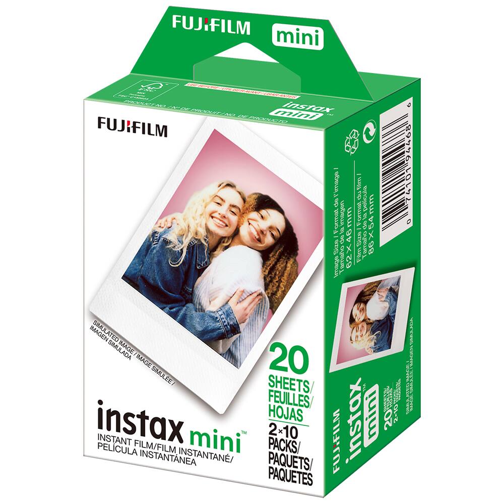 FUJIFILM mini  
instax mini  
FUJIFILM instant film  
Format: 86x54mm  
Image size: 62x46mm  
20 sheets  
2x10 packs  
Instant film  
Película instantánea