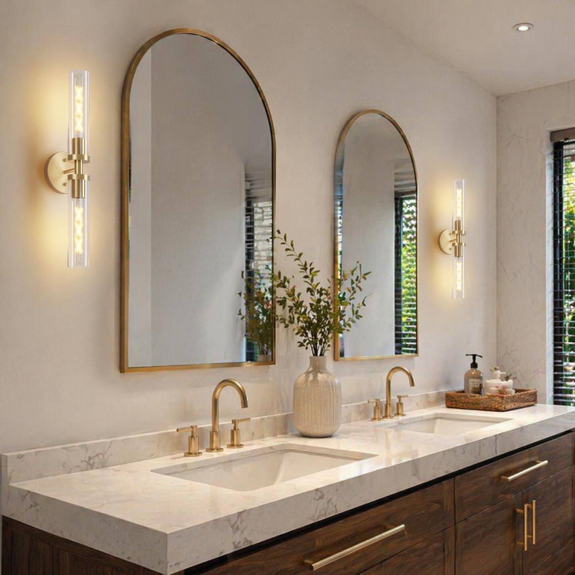 Left. RYHNUYNE - Set of 2 Hardwired Gold Wall Sconces with Clear Glass Shades for Bathroom Vanity, Hallway, and Bedroom.