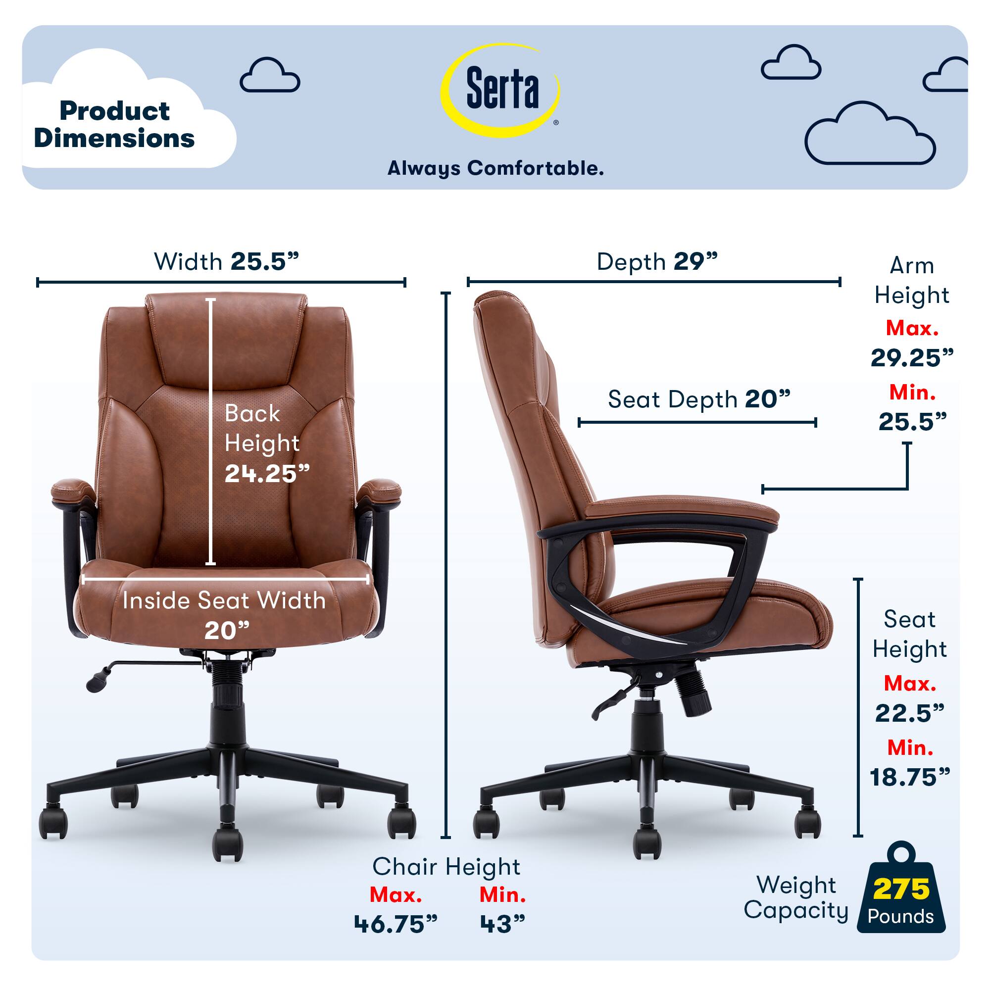 Left. Serta - Connor Upholstered Executive High-Back Office Chair with Lumbar Support - Bonded Leather - Cognac.